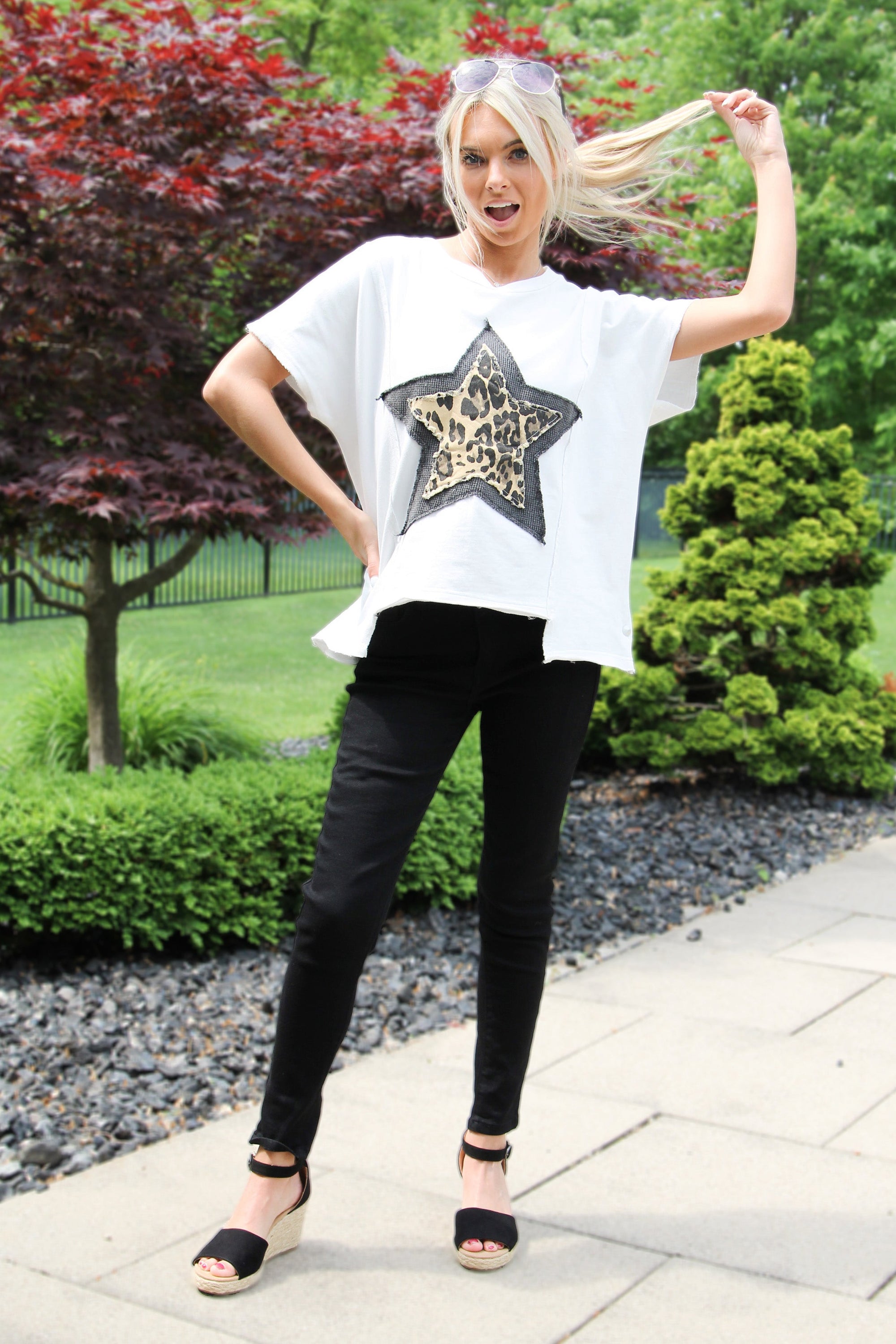 Short Sleeve Top w/ Distressed Leopard Print Star Front Patch