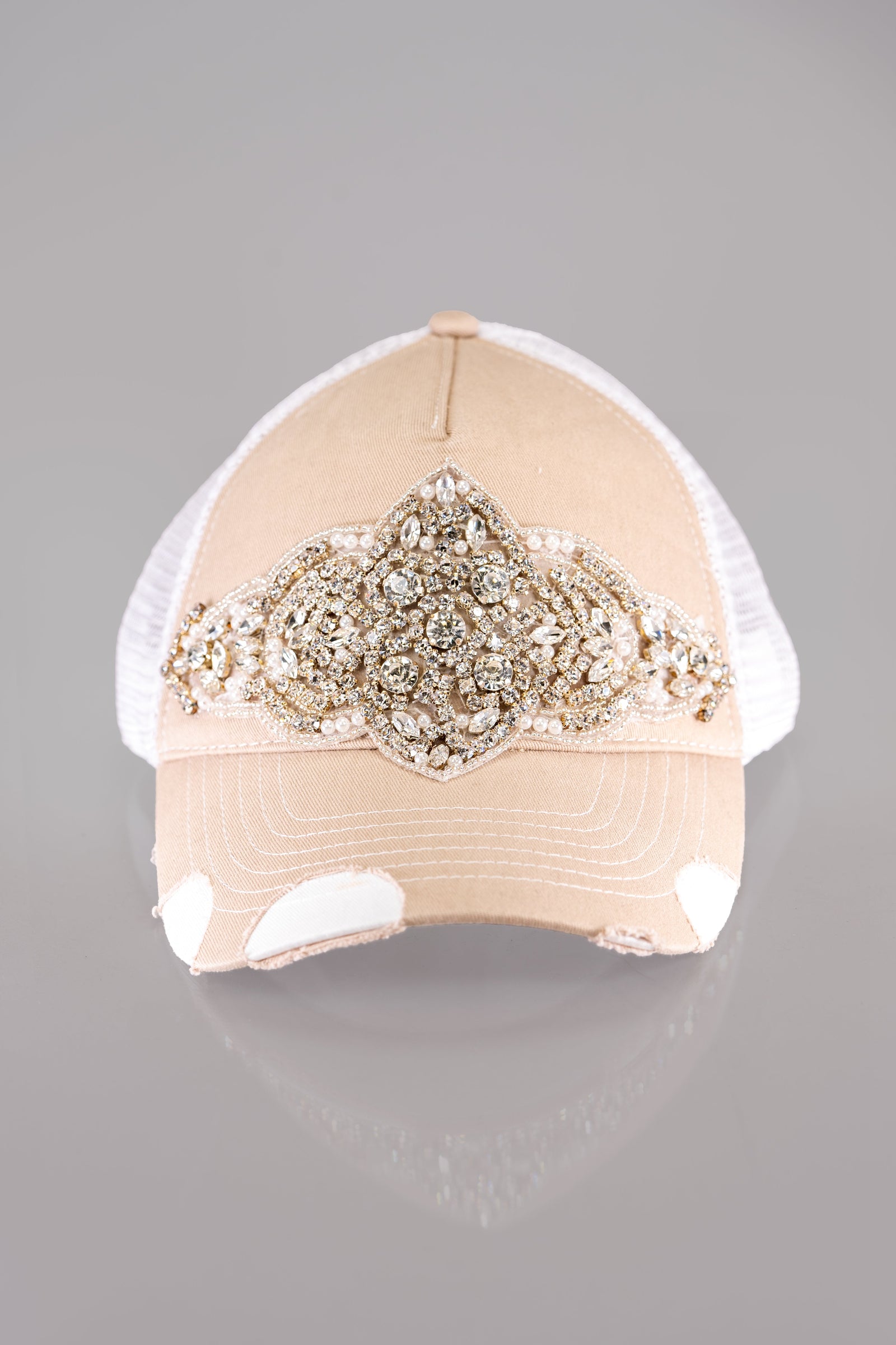 Rhinestone and Pearl Embellished Baseball Hat