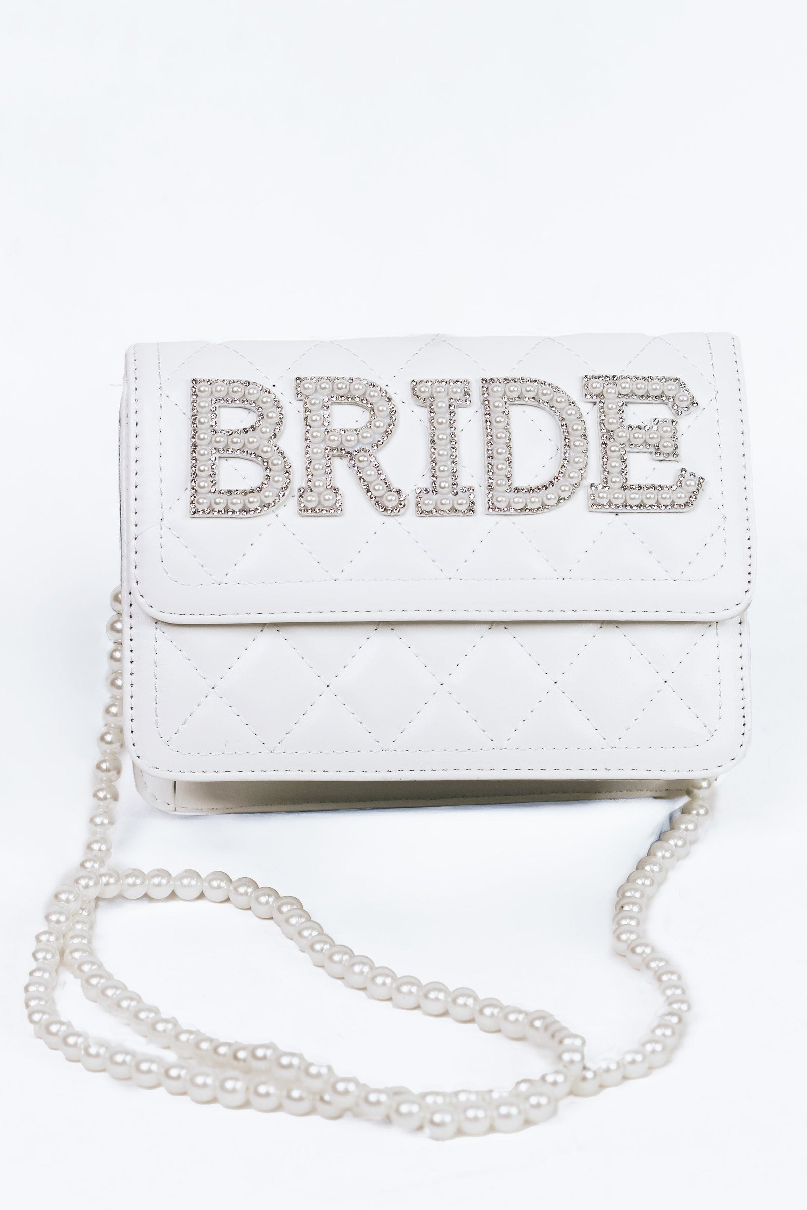 "Bride" Rhinestone & Pearl Quilted Purse w/ Pearl Strap - Glitz & Ears Boutique