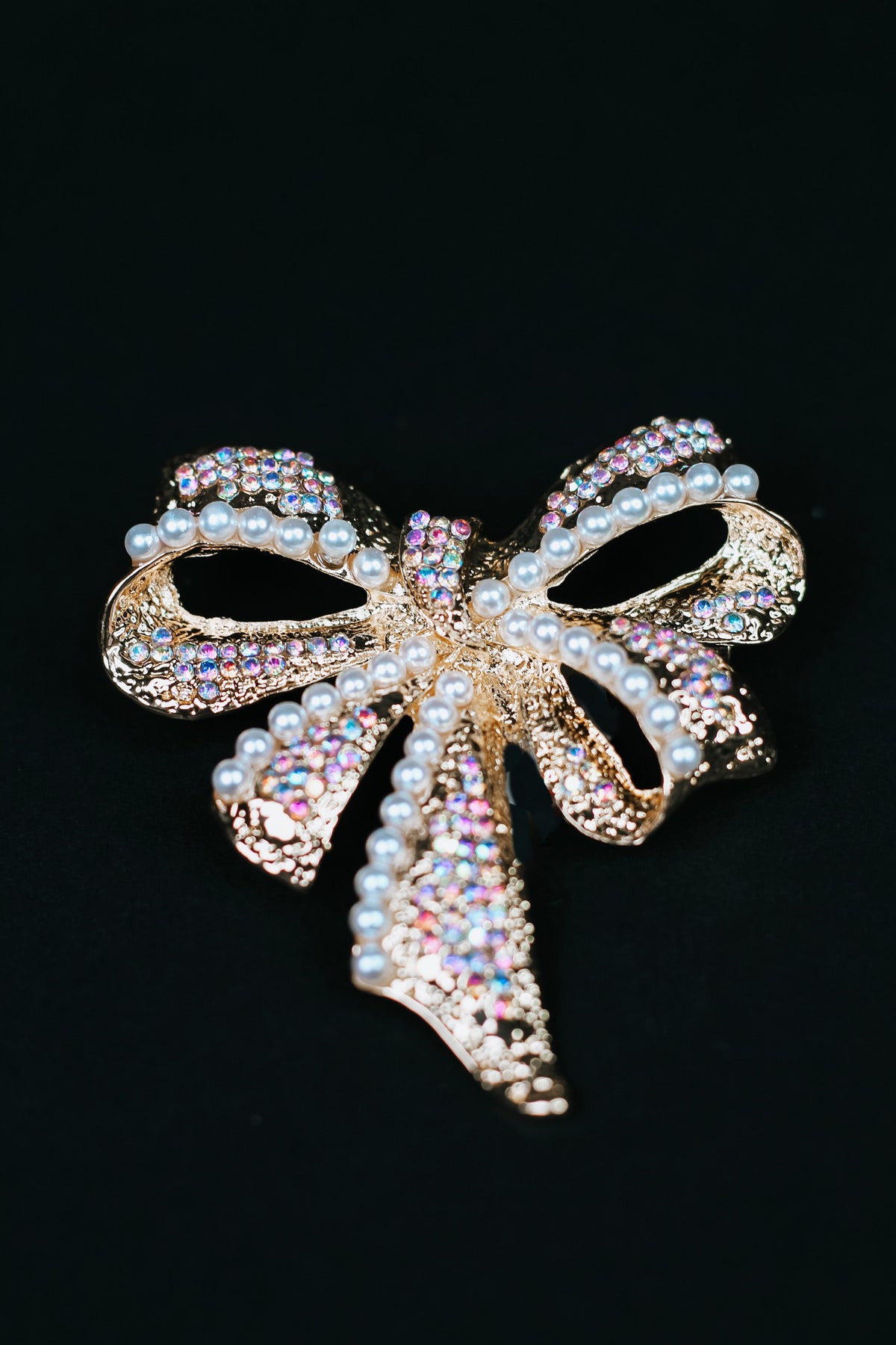 Textured Metal Pearl & Rhinestone Bow Brooch