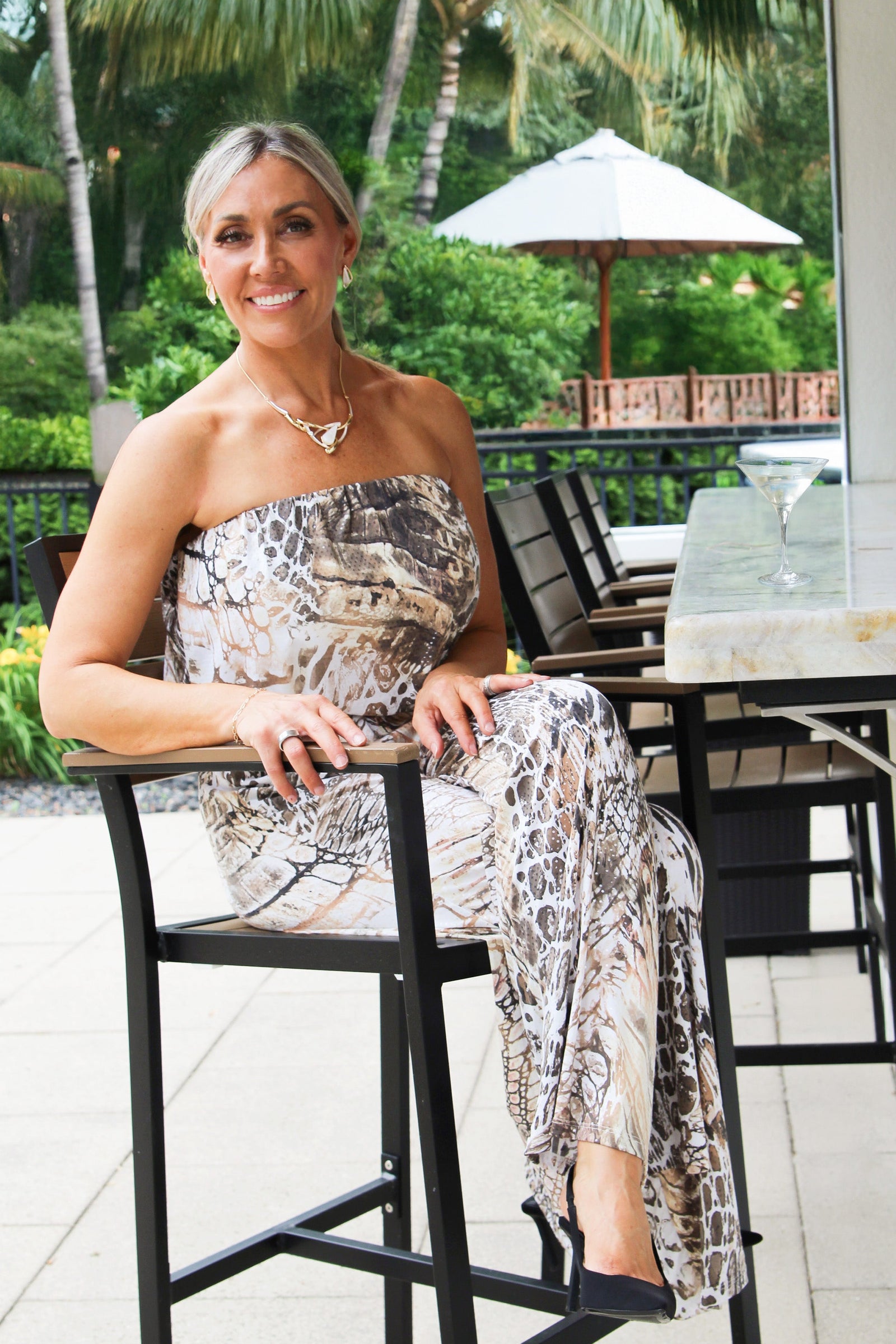 Shimmer Printed Strapless Jumpsuit with Belt