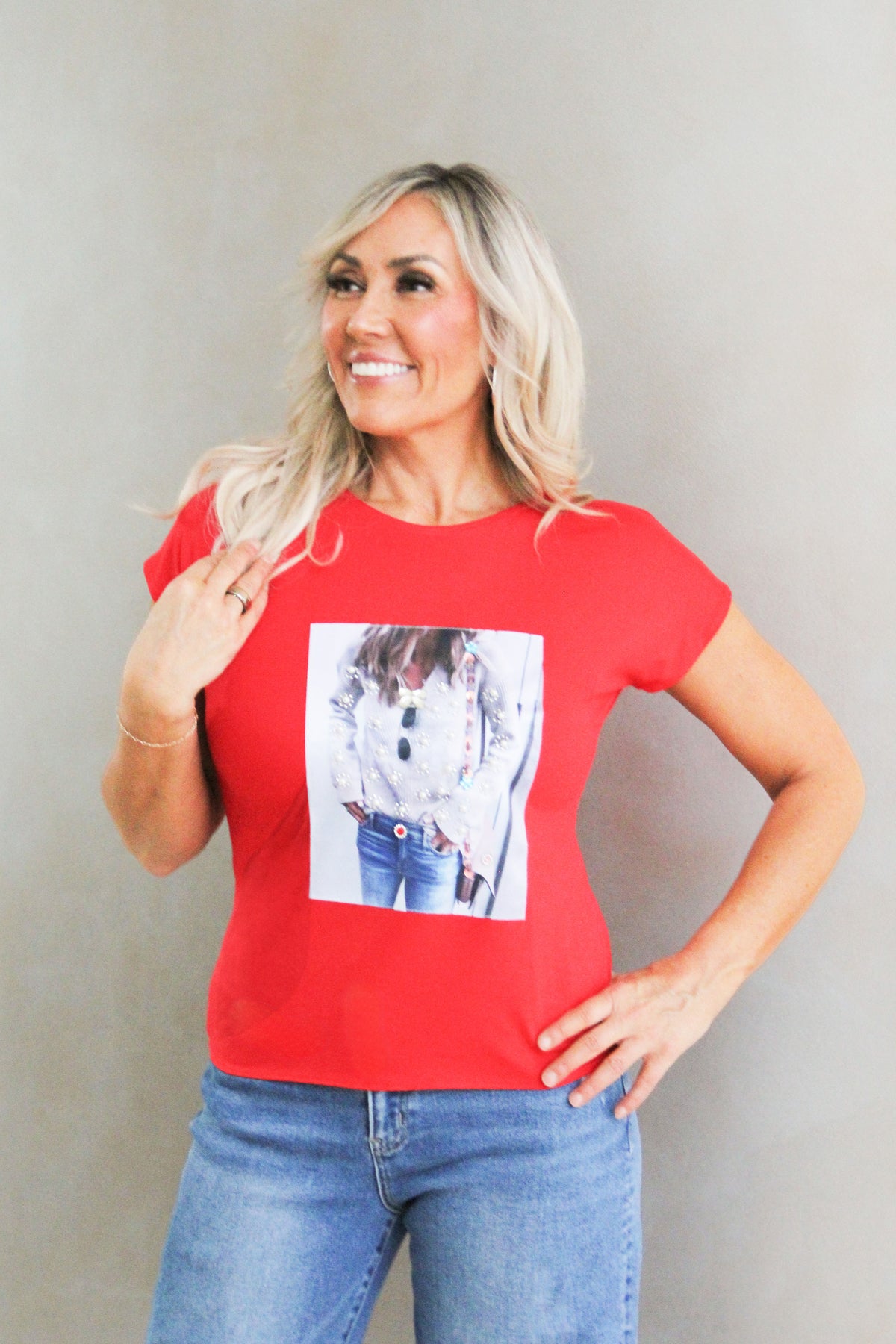 &quot;Lady in Top &amp; Jeans&quot; Rhinestone &amp; Pearl Statement Tee