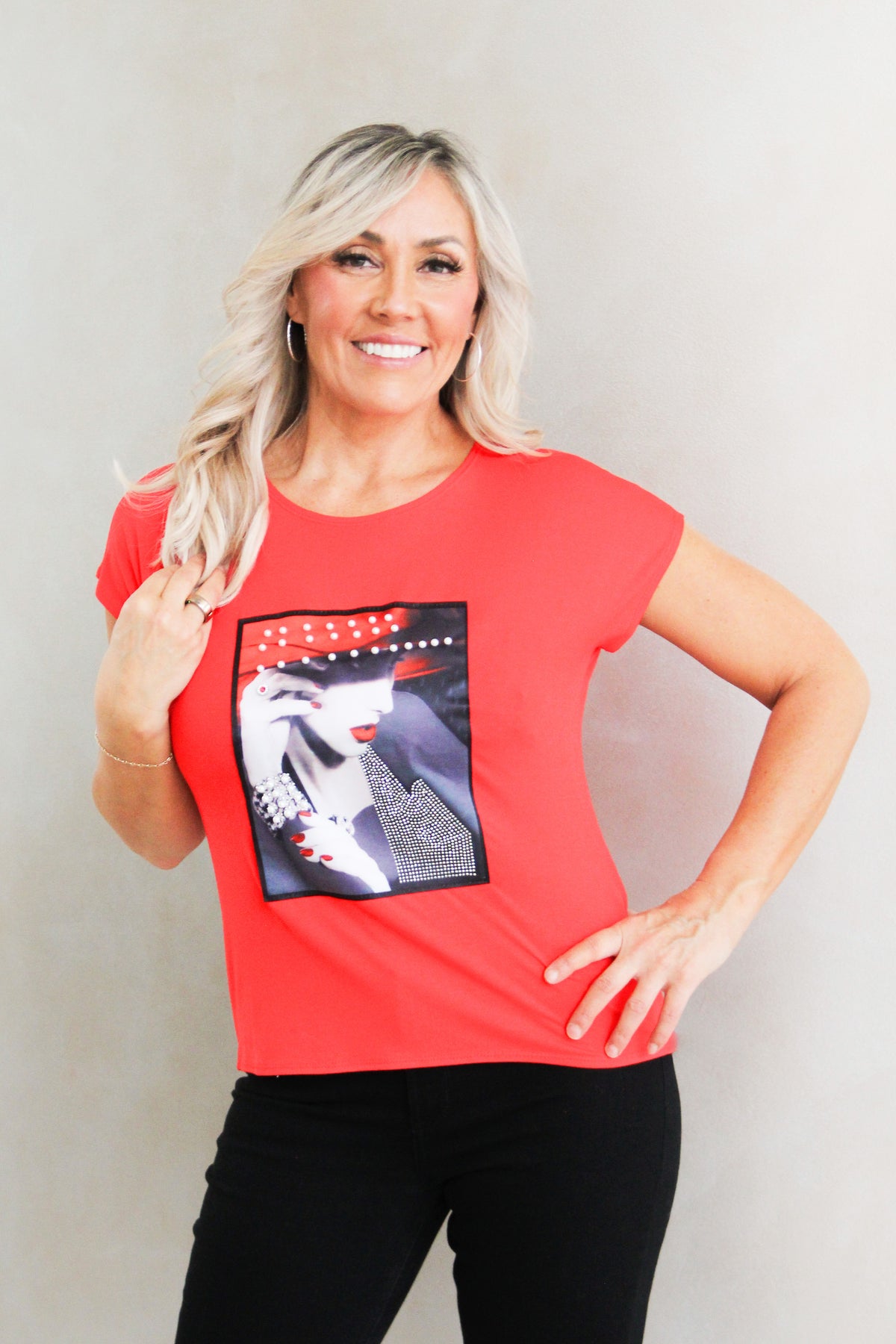 &quot;Lady in Red Hat&quot; Rhinestone &amp; Pearl Statement Tee