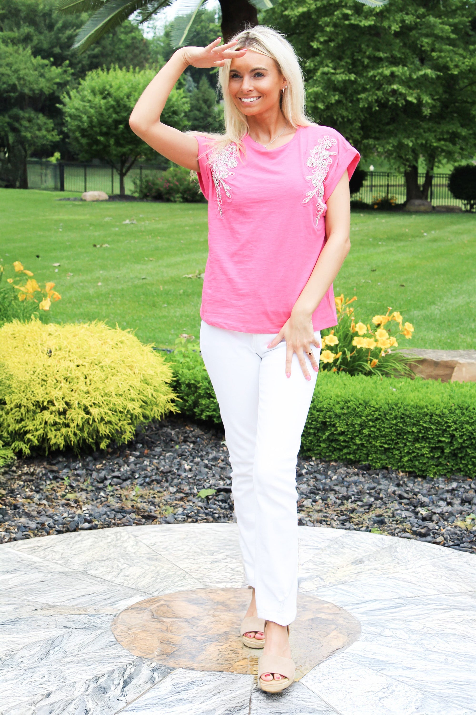 Rhinestone & Beaded Rounded Neck Cotton Tee