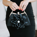 Satin Evening Bag w/ Large Satin Flower & Rhinestone Accents
