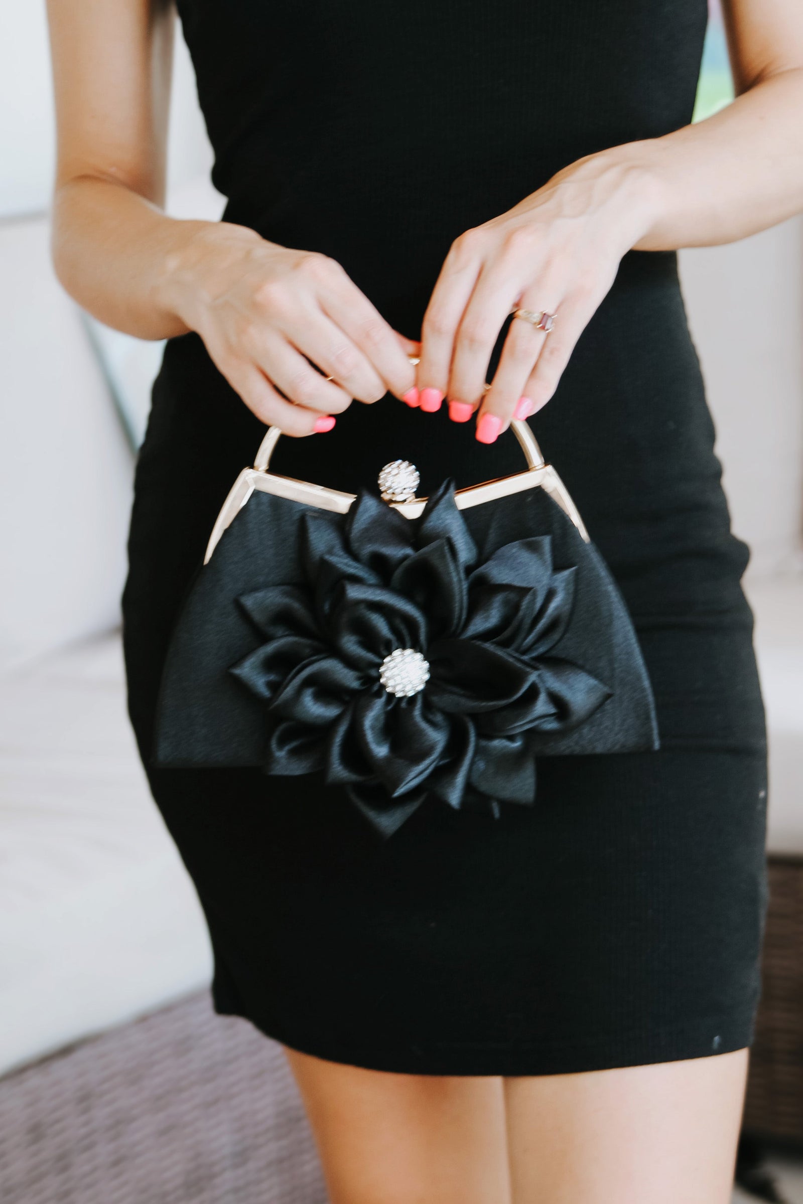 Satin Evening Bag w/ Large Satin Flower & Rhinestone Accents