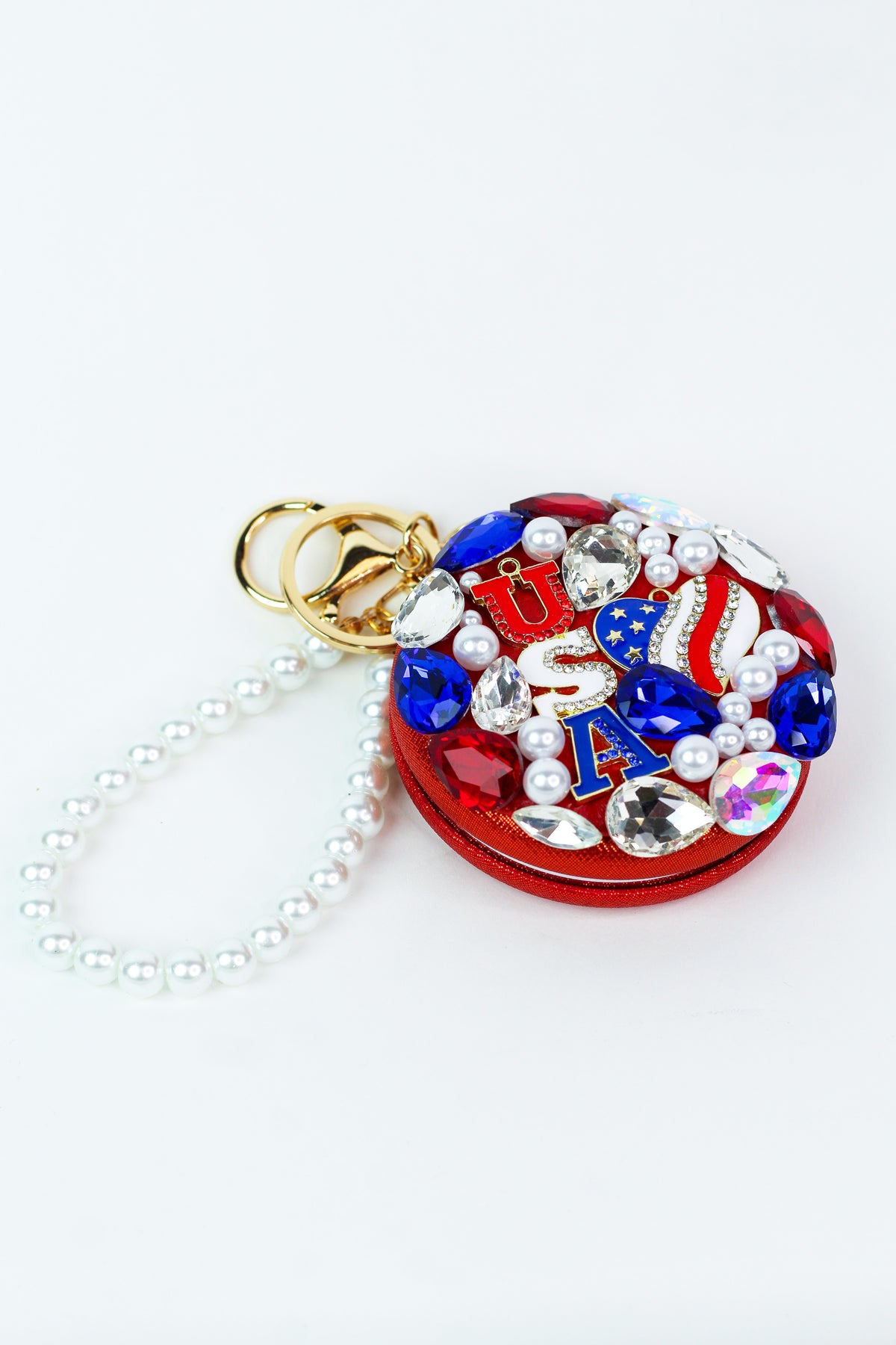 USA Rhinestone &amp; Pearl Mirror Compact Wristlet Keychain