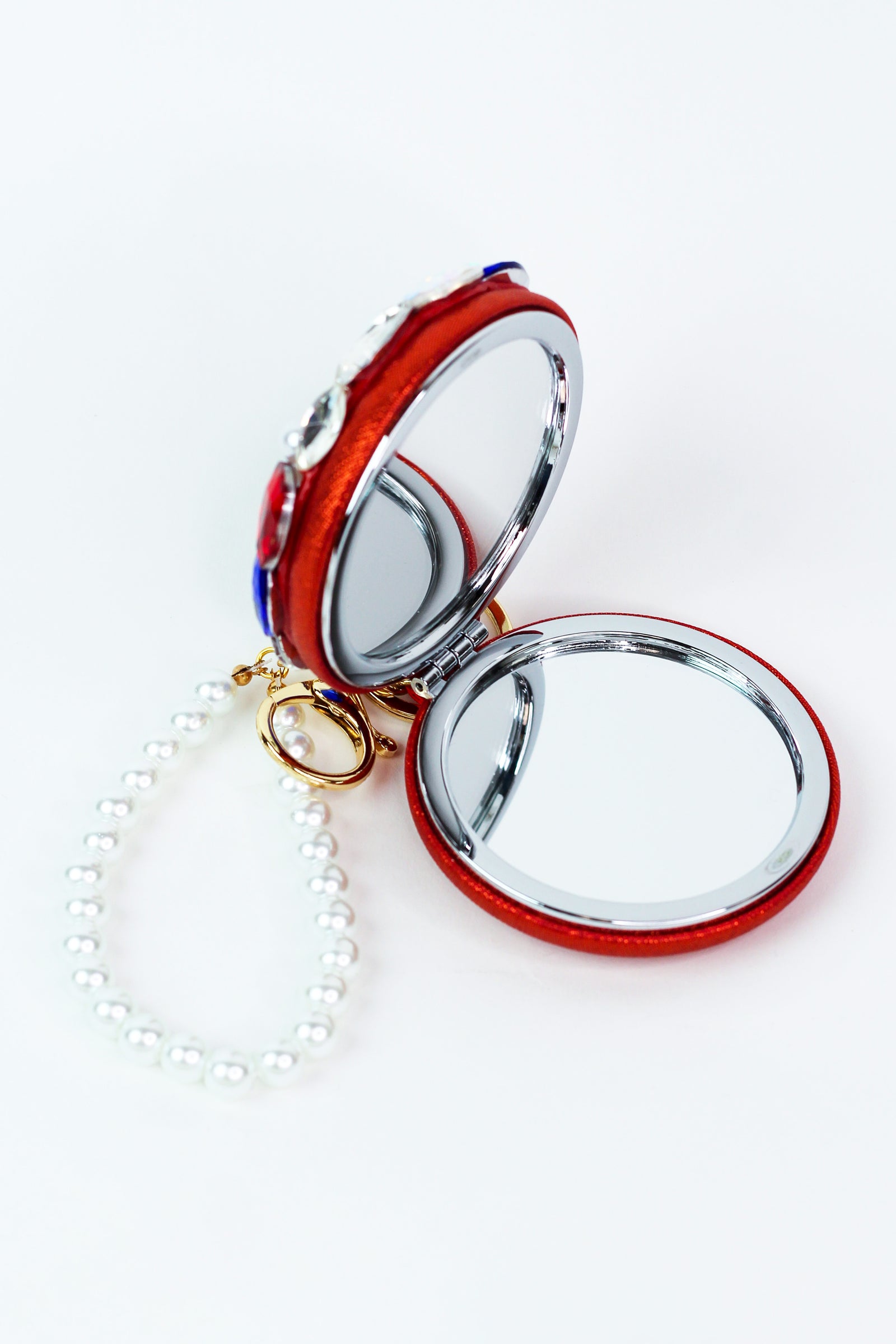 USA Rhinestone & Pearl Mirror Compact Wristlet Keychain