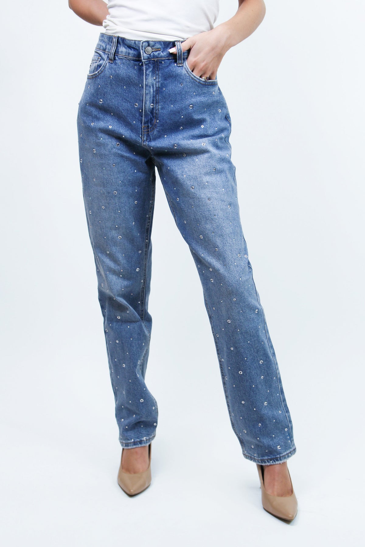 High Rise Skinny Jeans w/ Rivet &amp; Rhinestone Embellishments