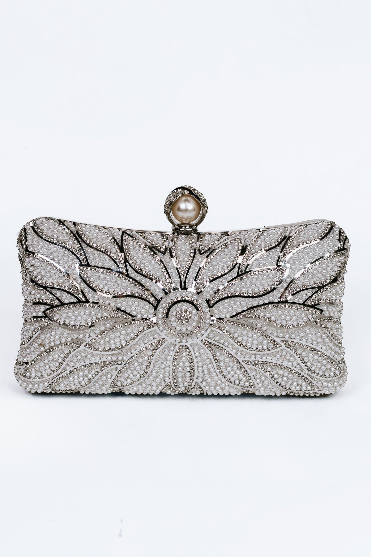 Shimmery Pearl &amp; Metal Design Clutch w/ Pearl &amp; Rhinestone Closure