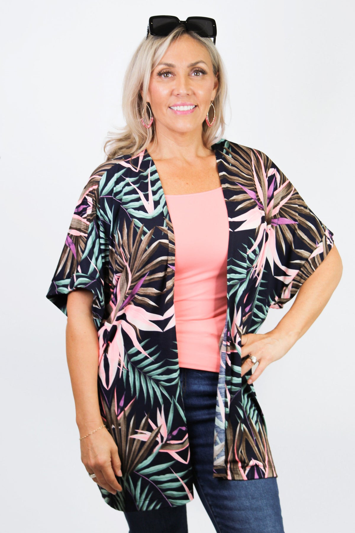 Short Sleeve Tropical Print Open Cardigan (SALE)