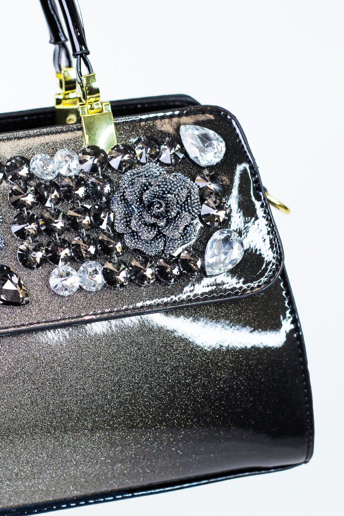 Shimmery Faux Patent Leather Handbag w/ Large Stone & Floral Accents