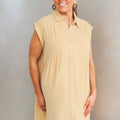 Cotton Gauze Button Down Dress w/ Front Tucks & Pockets