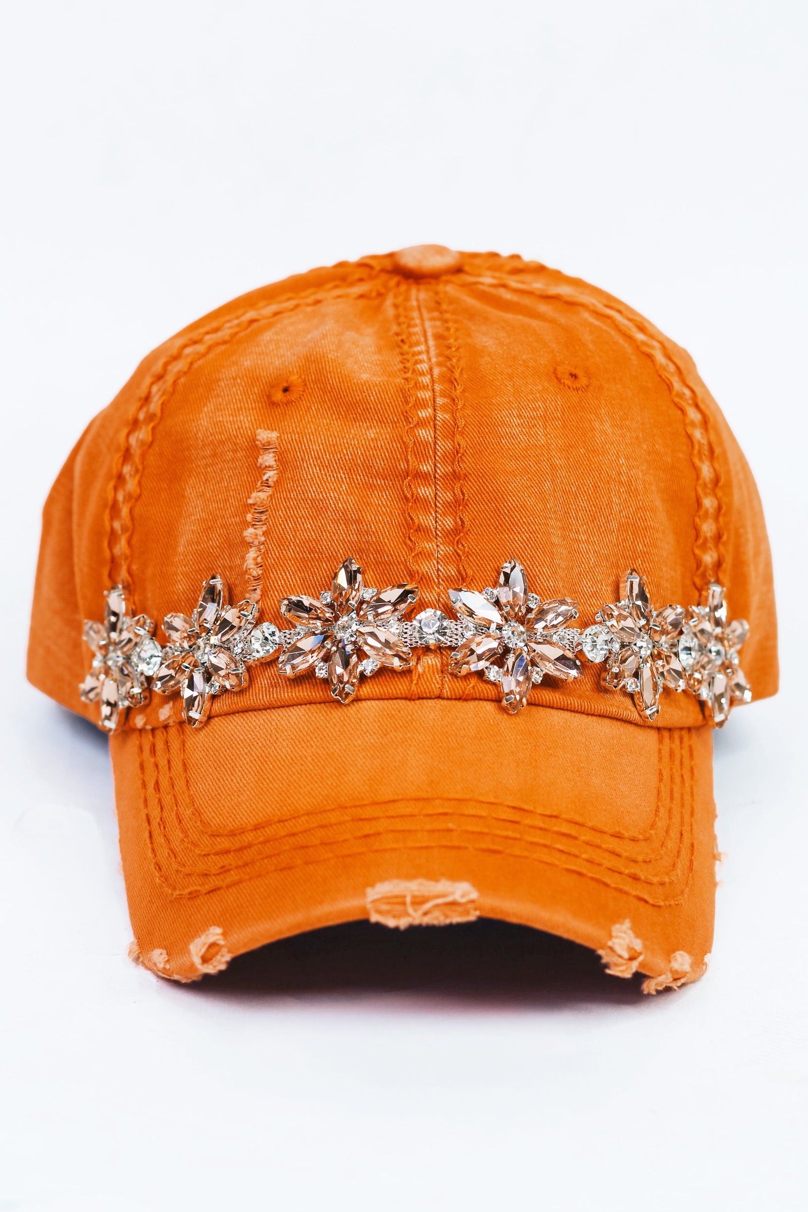 Distressed Baseball Cap w/ Two-Tone Rhinestone Trim
