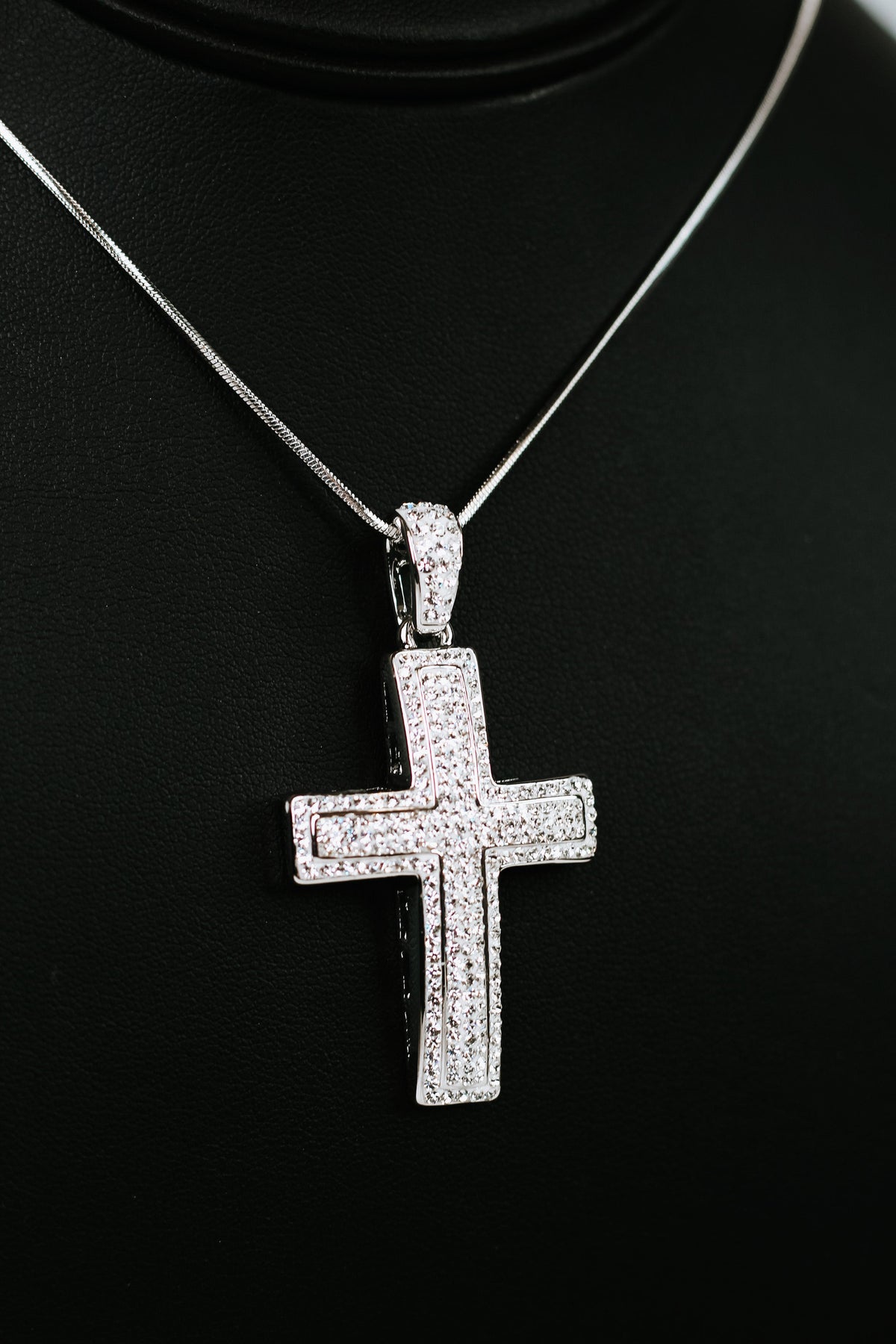 Metal Outline Two Rhinestone Cross Necklace