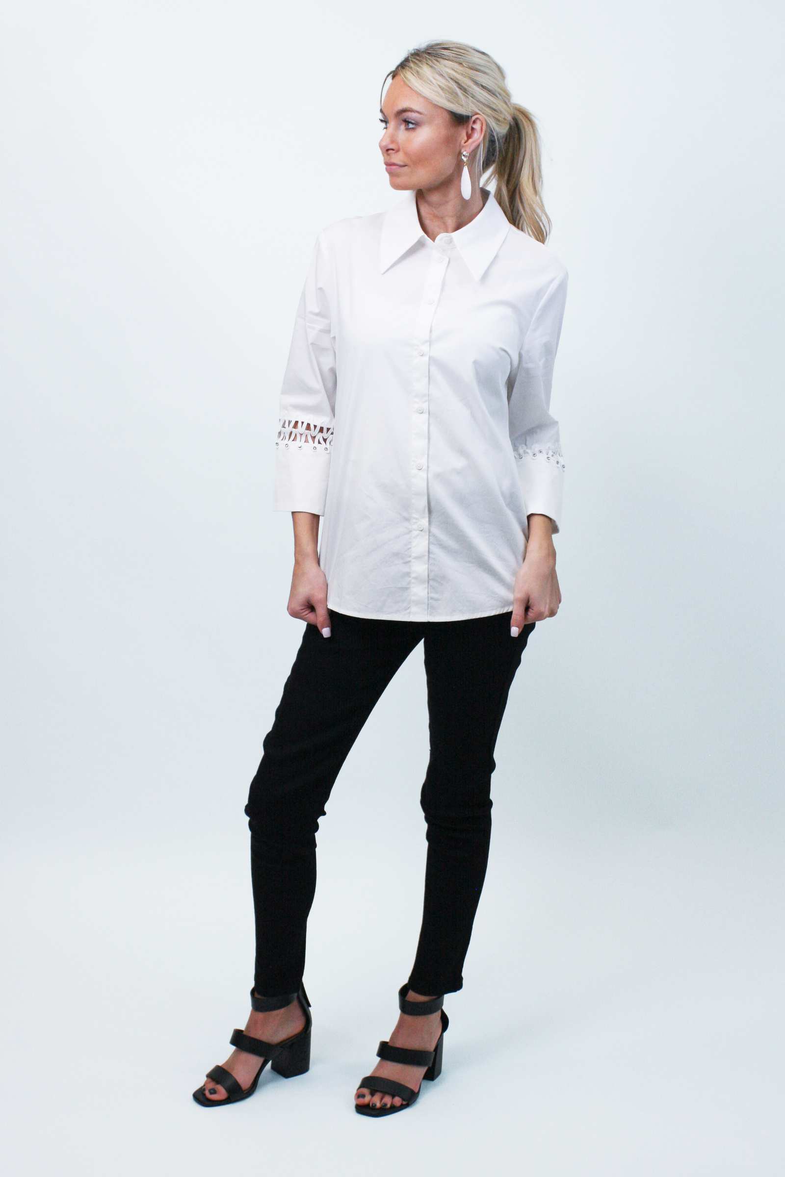 Button Down Shirt w/ 3/4 ZigZag Rhinestone Embellished Sleeves (SALE)