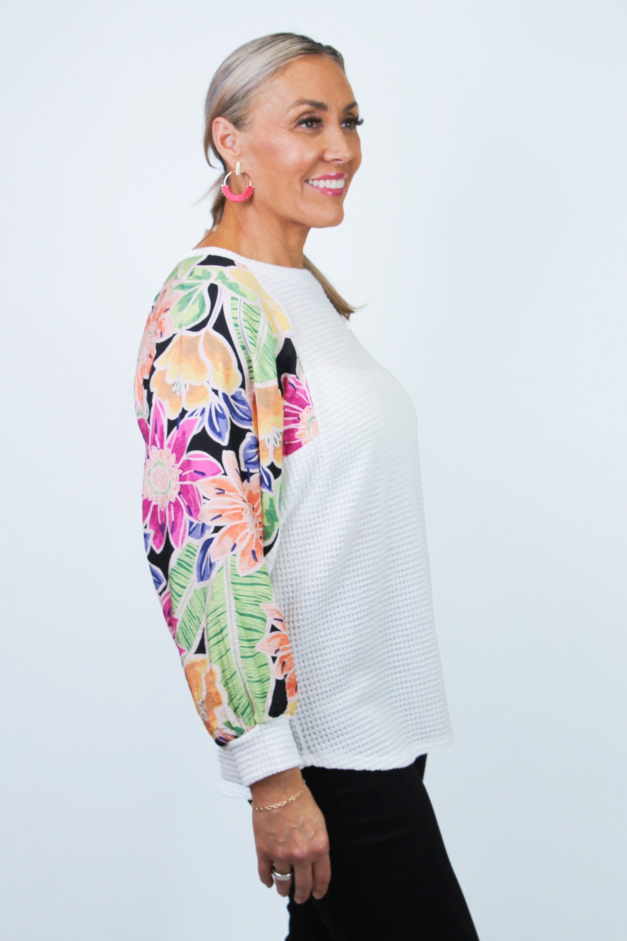 Thermal Knit Top w/ Long Floral Print Sleeves