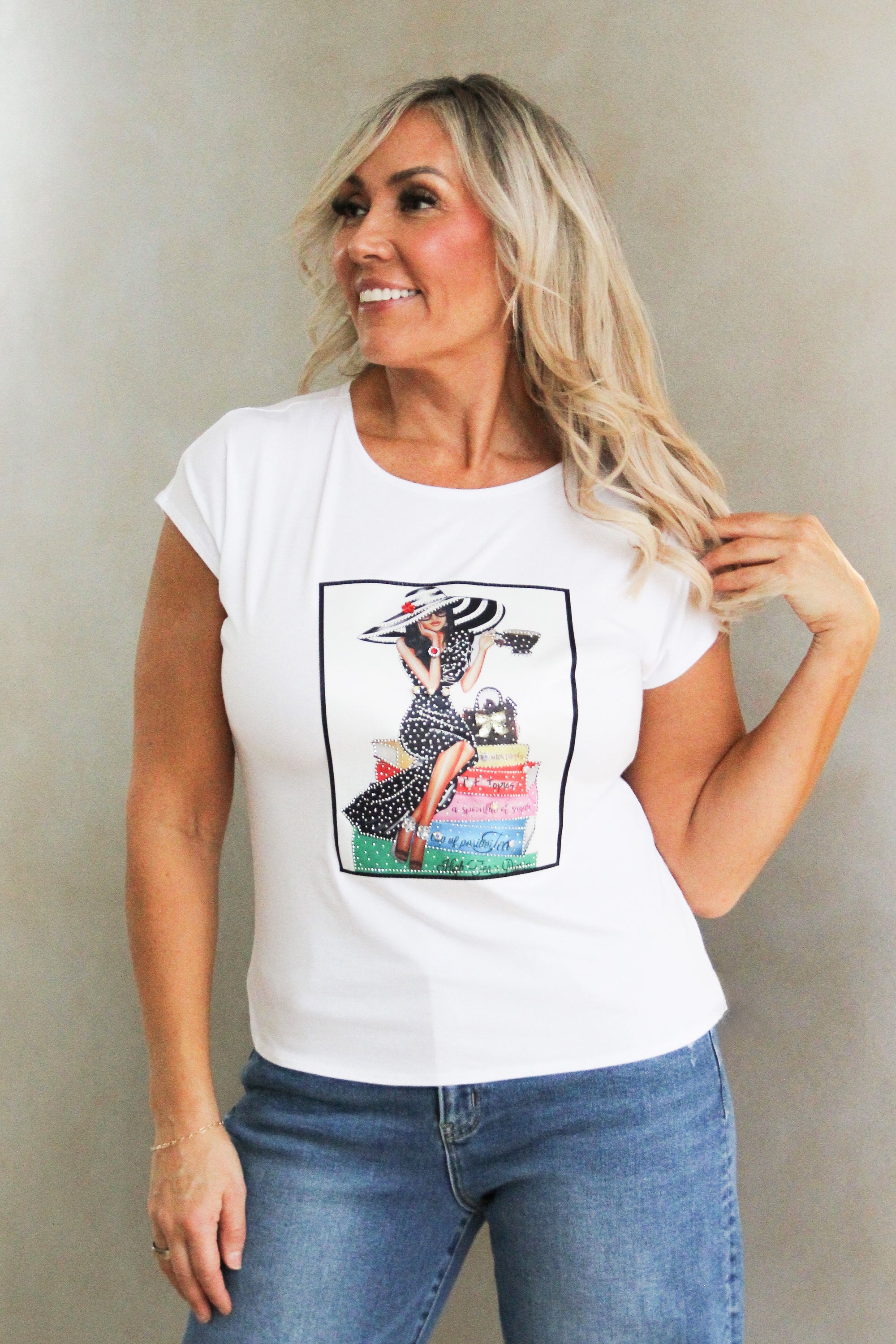"Lady w/ Tea Sitting on Books" Rhinestone Statement Tee