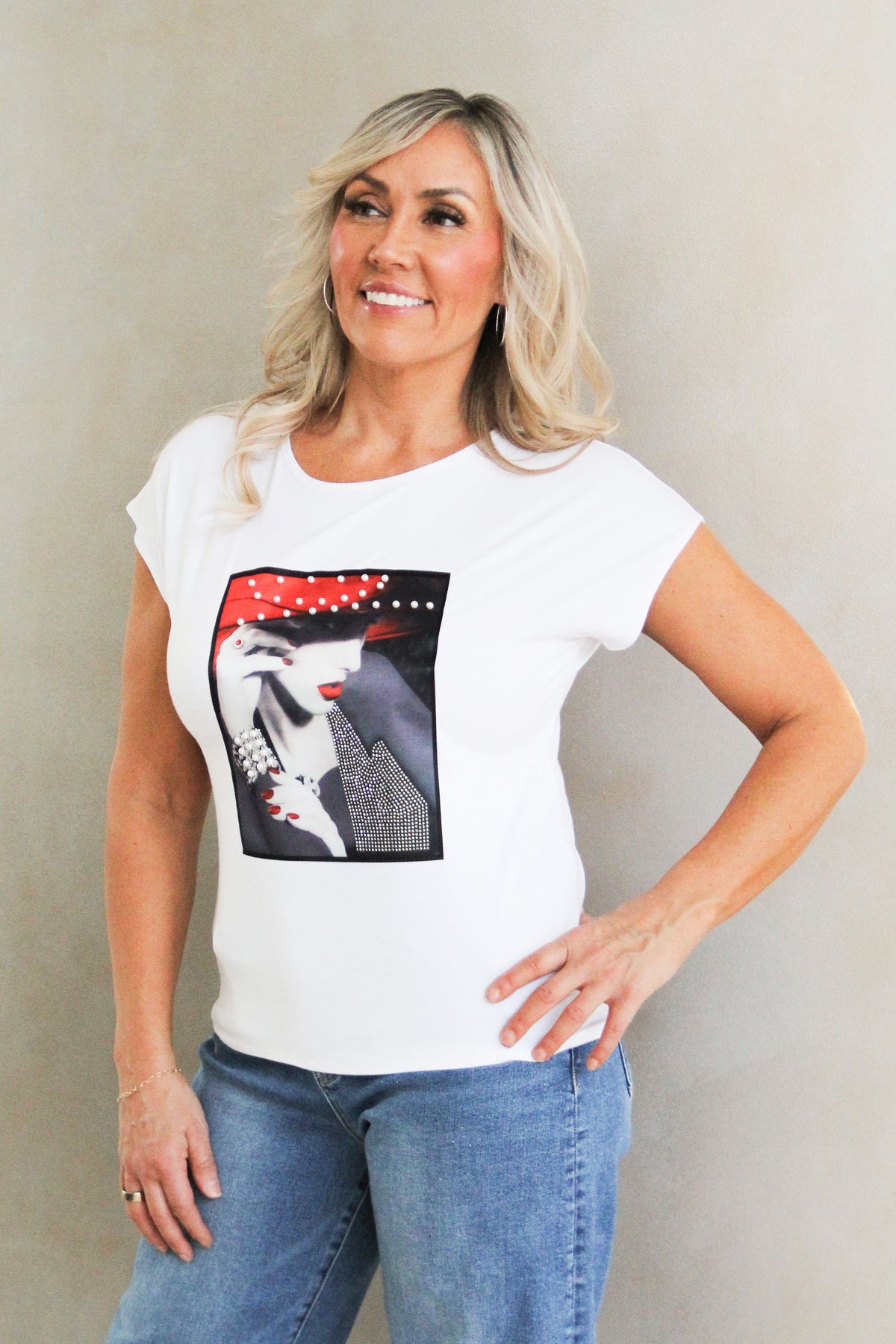 "Lady in Red Hat" Rhinestone & Pearl Statement Tee