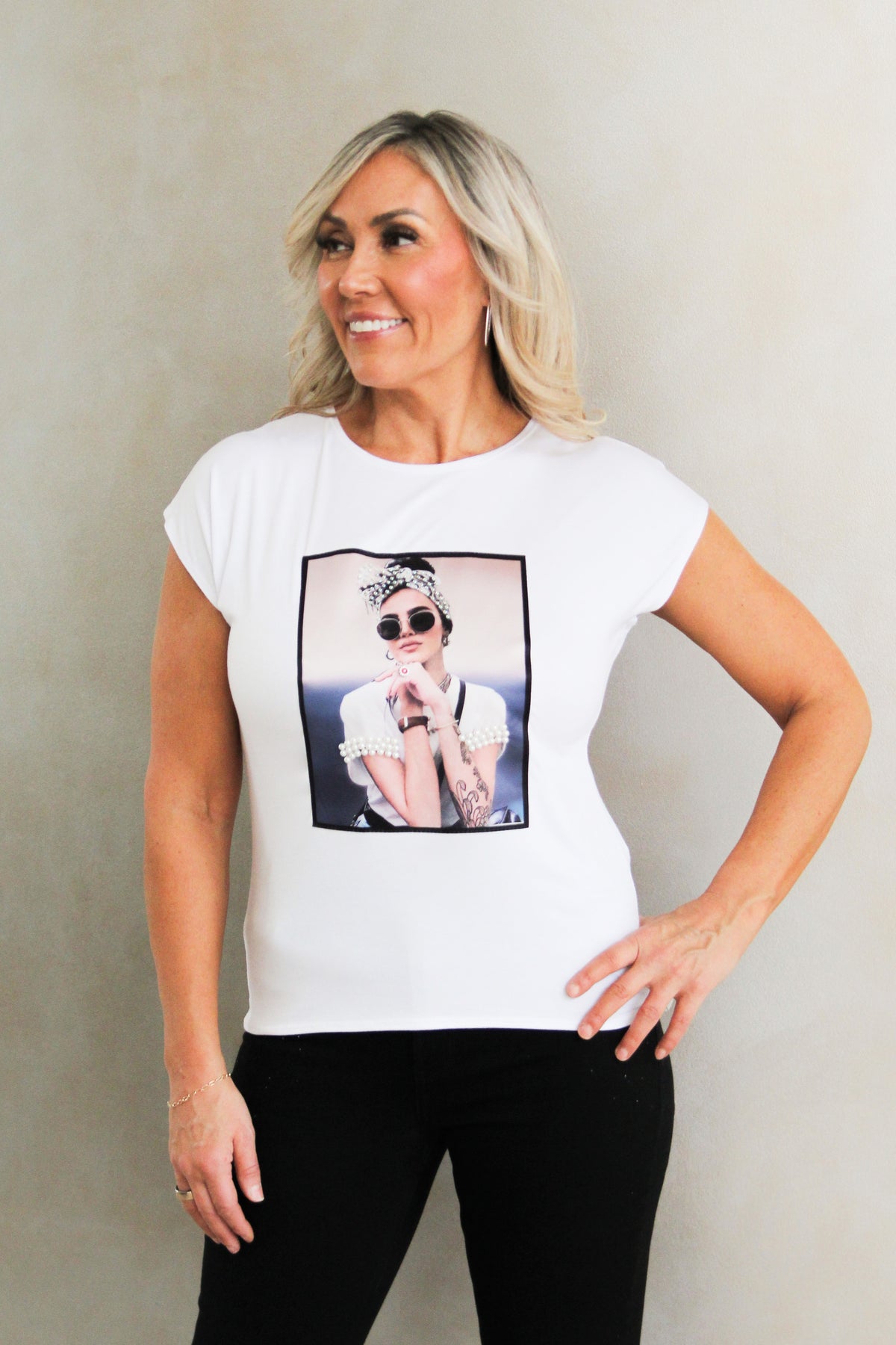 &quot;Lady Posing in Sunglasses&quot; Rhinestone &amp; Pearl Statement Tee