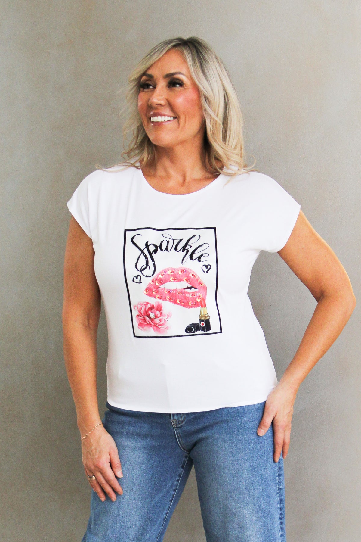 &quot;Sparkle Lips &amp; Lipstick&quot; Statement Tee w/ Rhinestone Accents