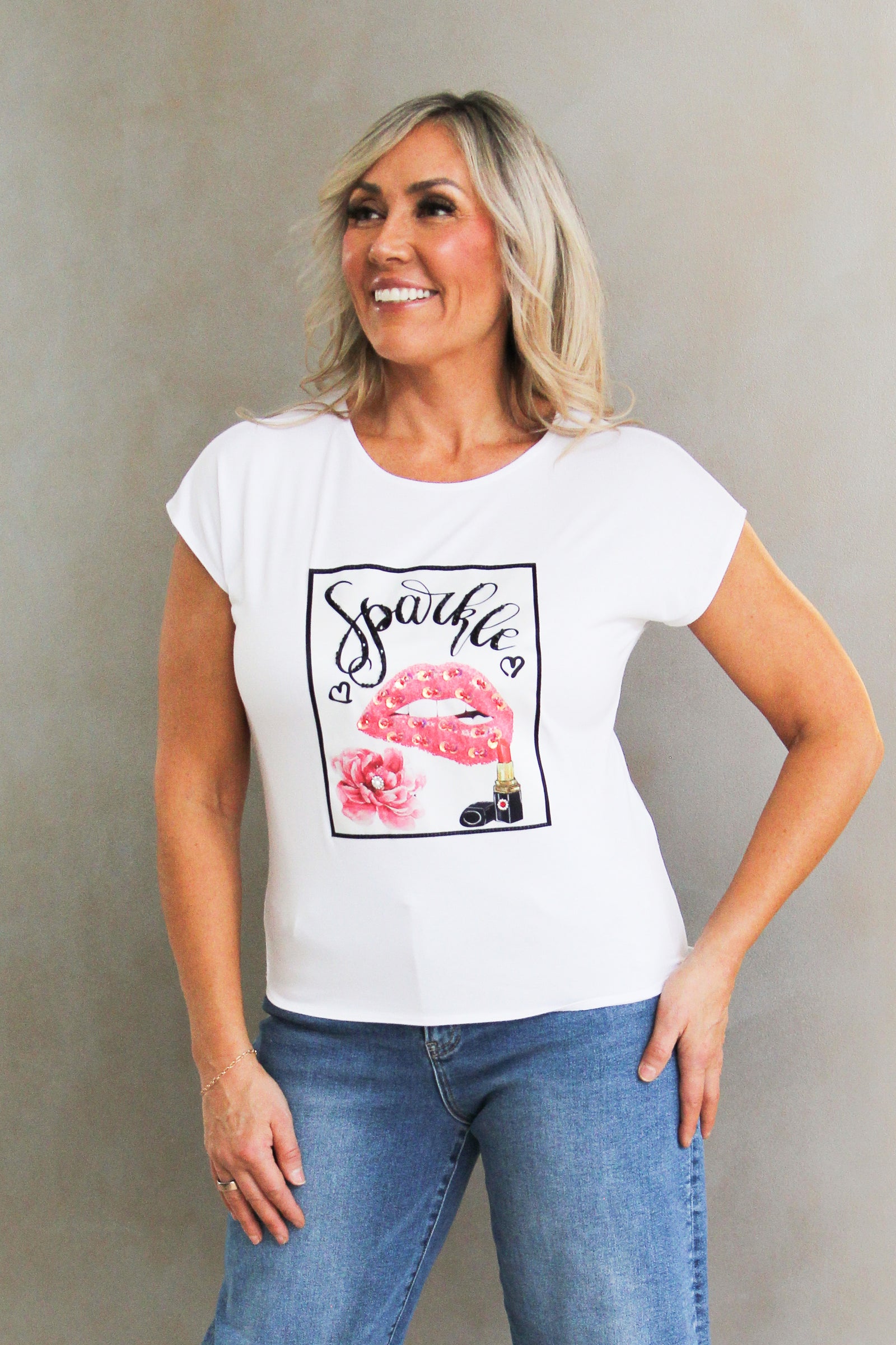 "Sparkle Lips & Lipstick" Statement Tee w/ Rhinestone Accents