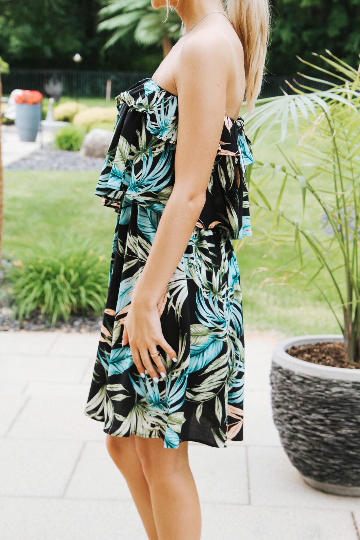 Tropical Print Strapless Flounce Dress(SALE)