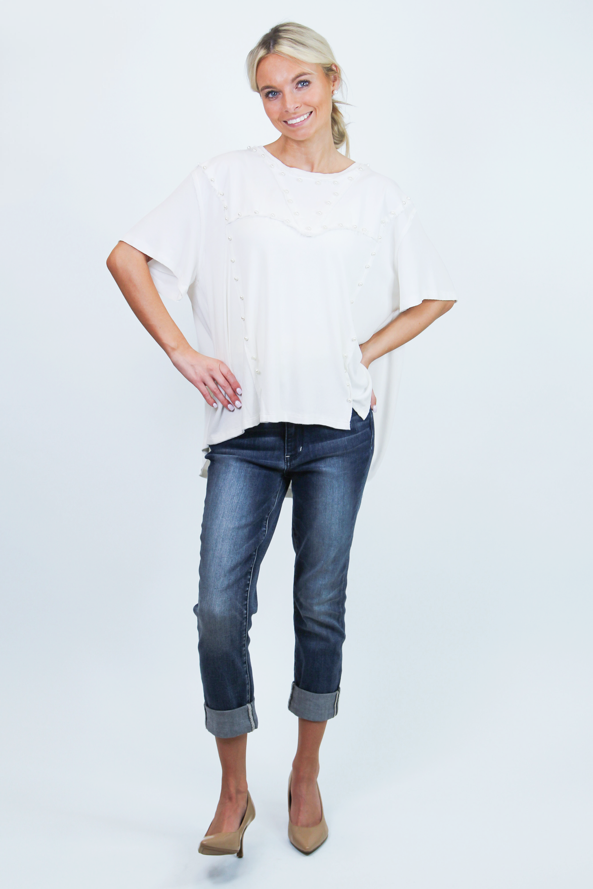 Short Sleeve Patch Stitched Top with Pearl Detail (SALE)