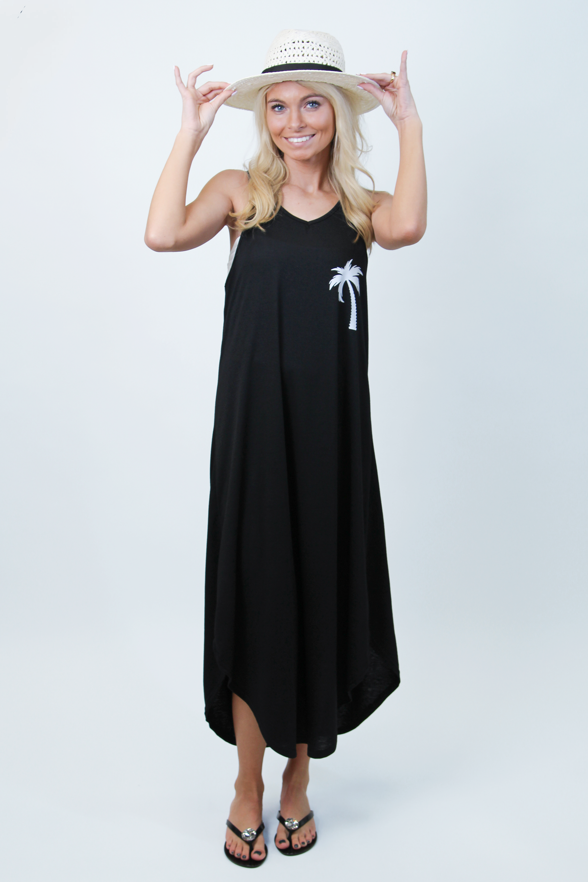 Sleeveless Strappy V-Neck Knit Dress w/ Palm Tree Logo