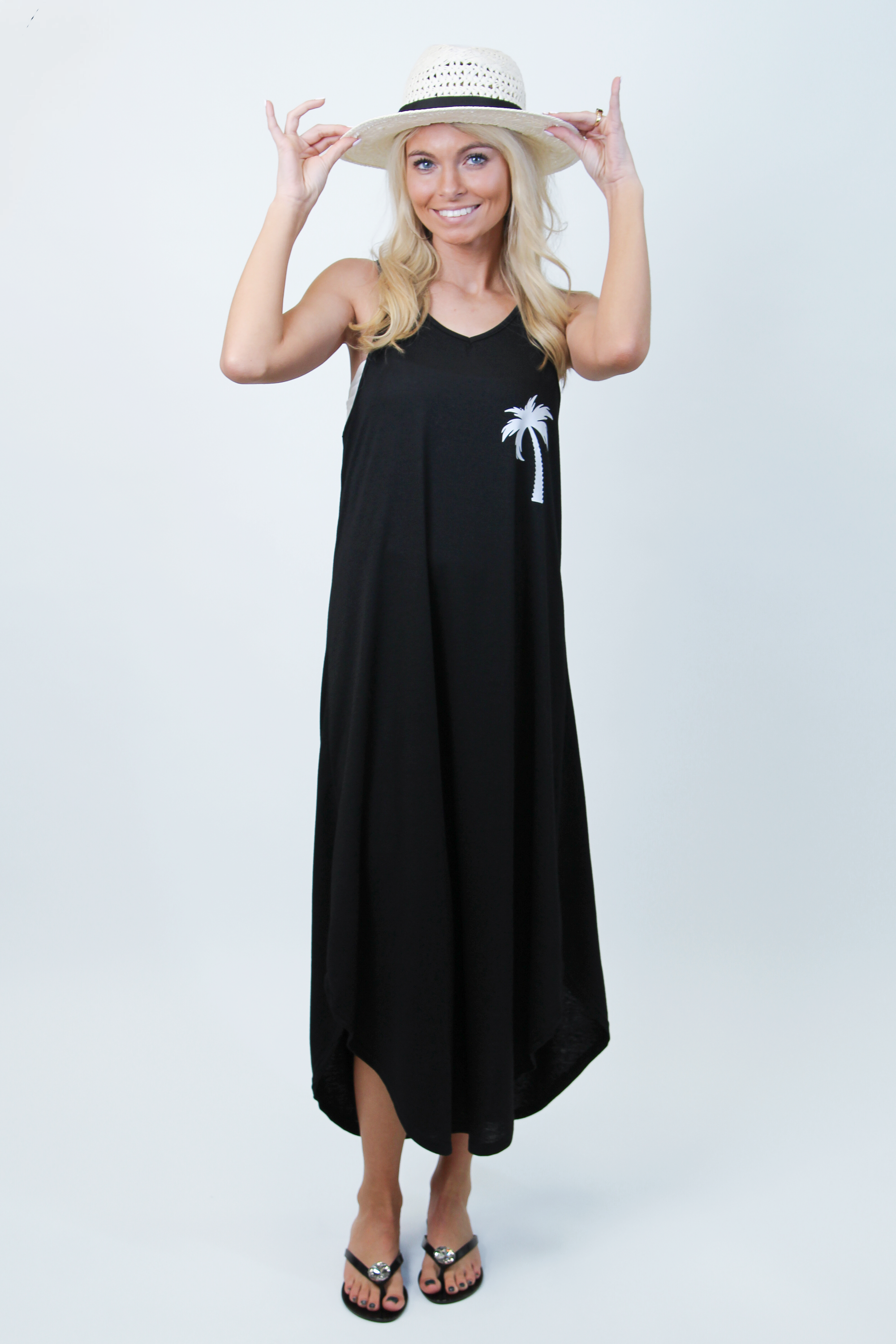 Sleeveless Strappy V-Neck Knit Dress w/ Palm Tree Logo