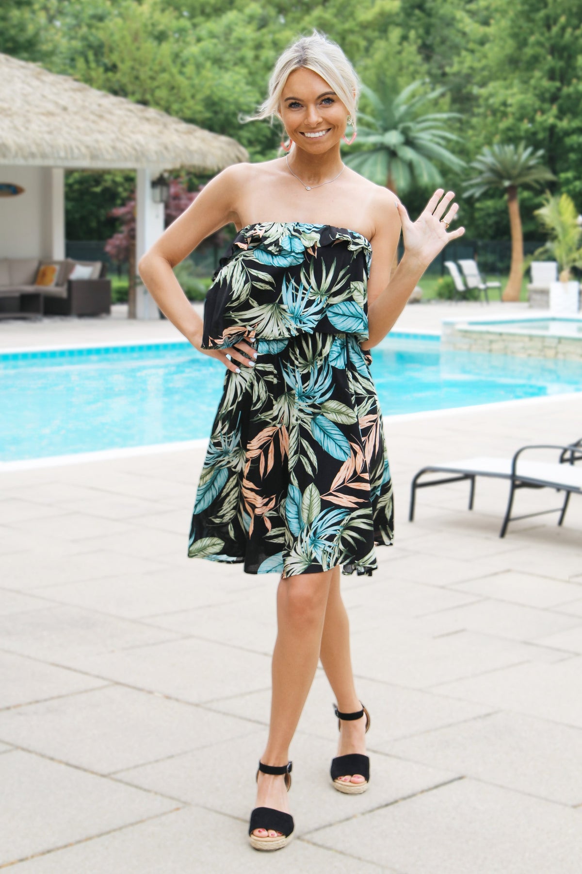 Tropical Print Strapless Flounce Dress(SALE)