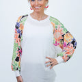 Thermal Knit Top w/ Long Floral Print Sleeves