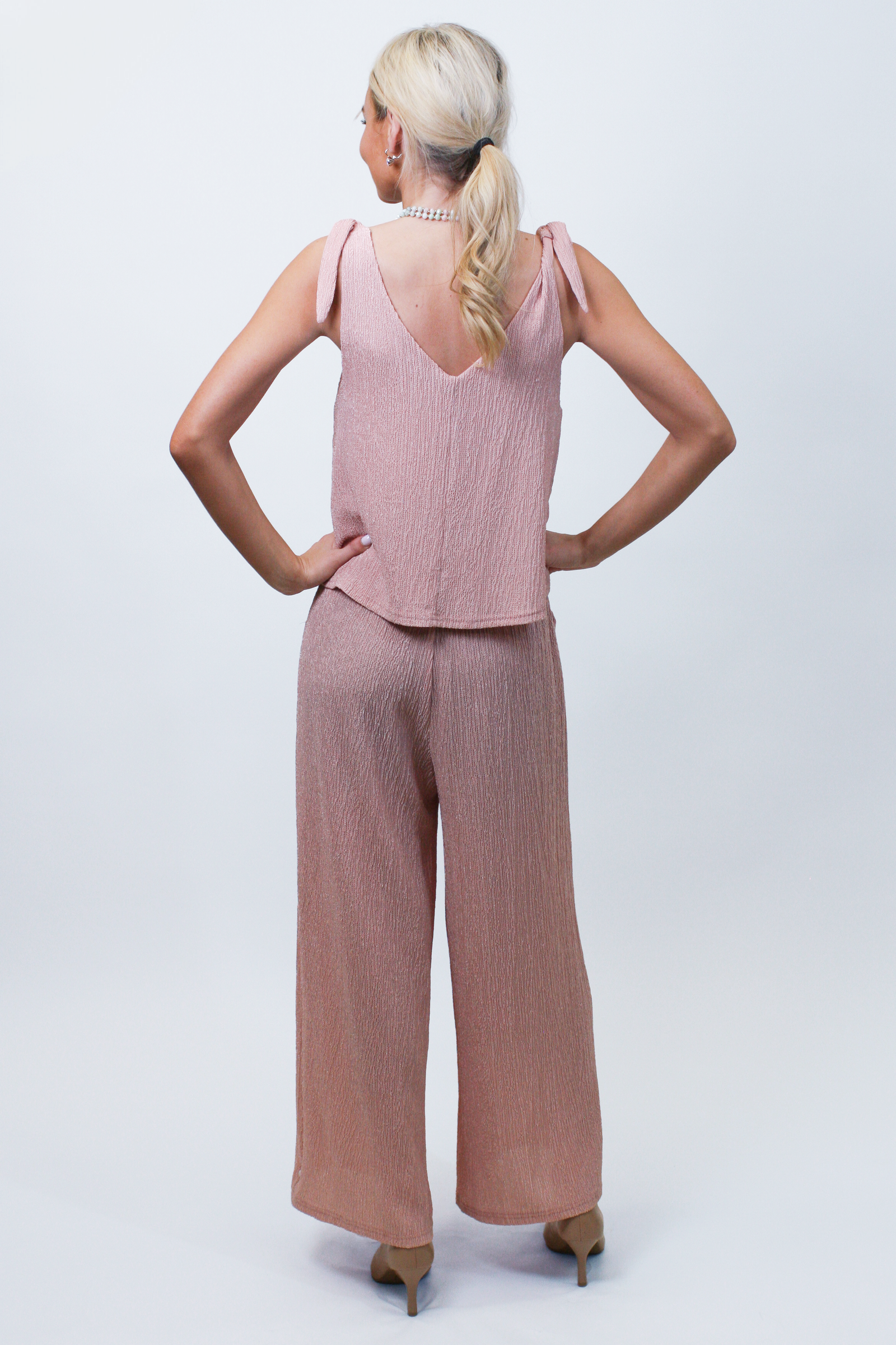 Crinkle Knit V-Neck Sleeveless Jumpsuit w/ Shoulder Ties