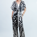 Geometric Print Silky Surplice Jumpsuit w/ Striped Belt (SALE)