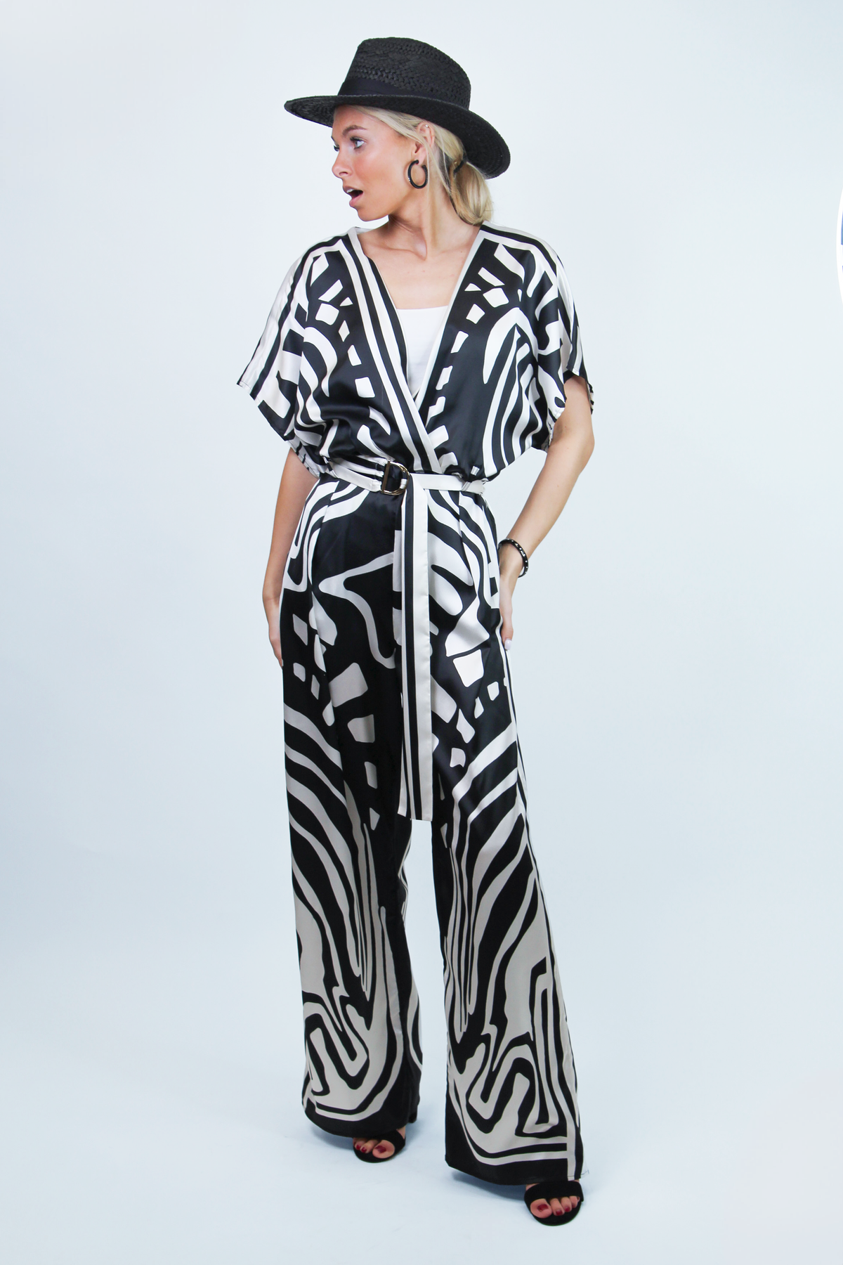 Geometric Print Silky Surplice Jumpsuit w/ Striped Belt (SALE)