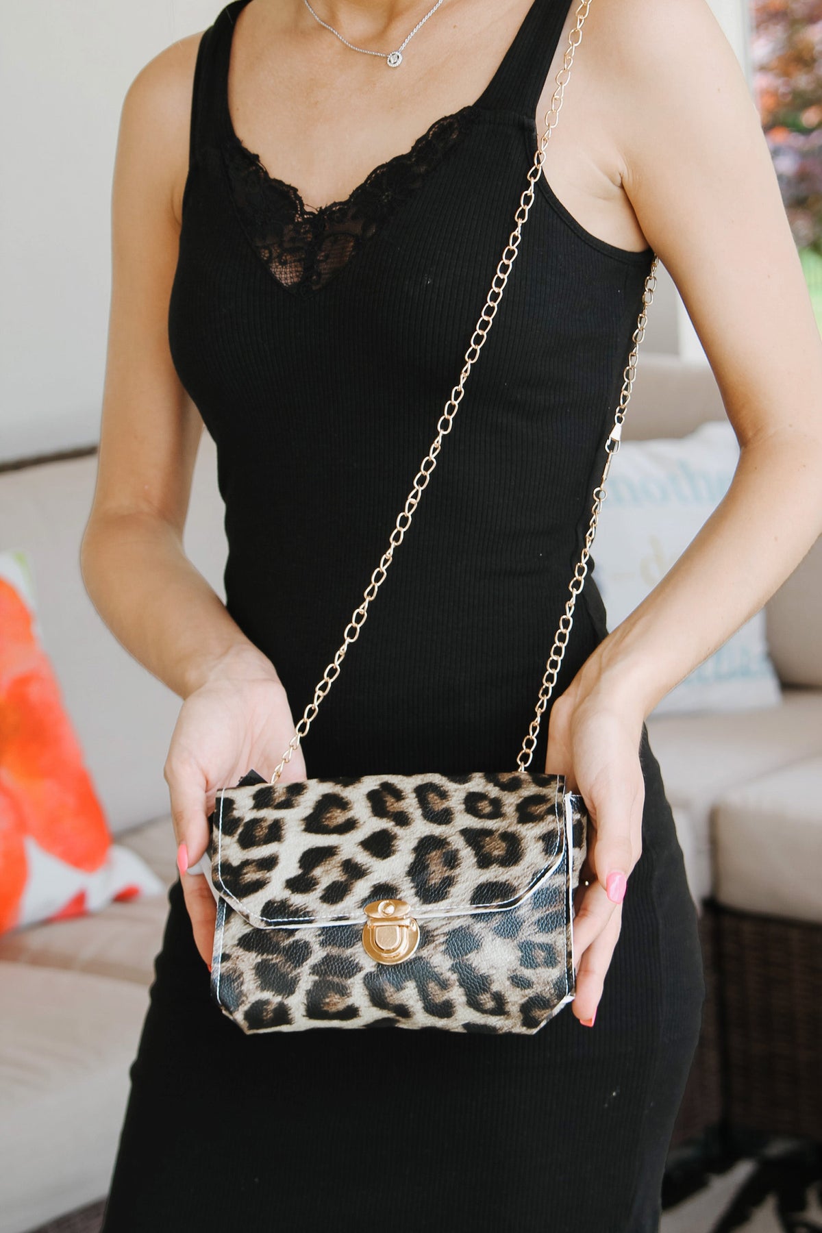 Printed Vinyl Crossbody Bag w/ Chain Strap