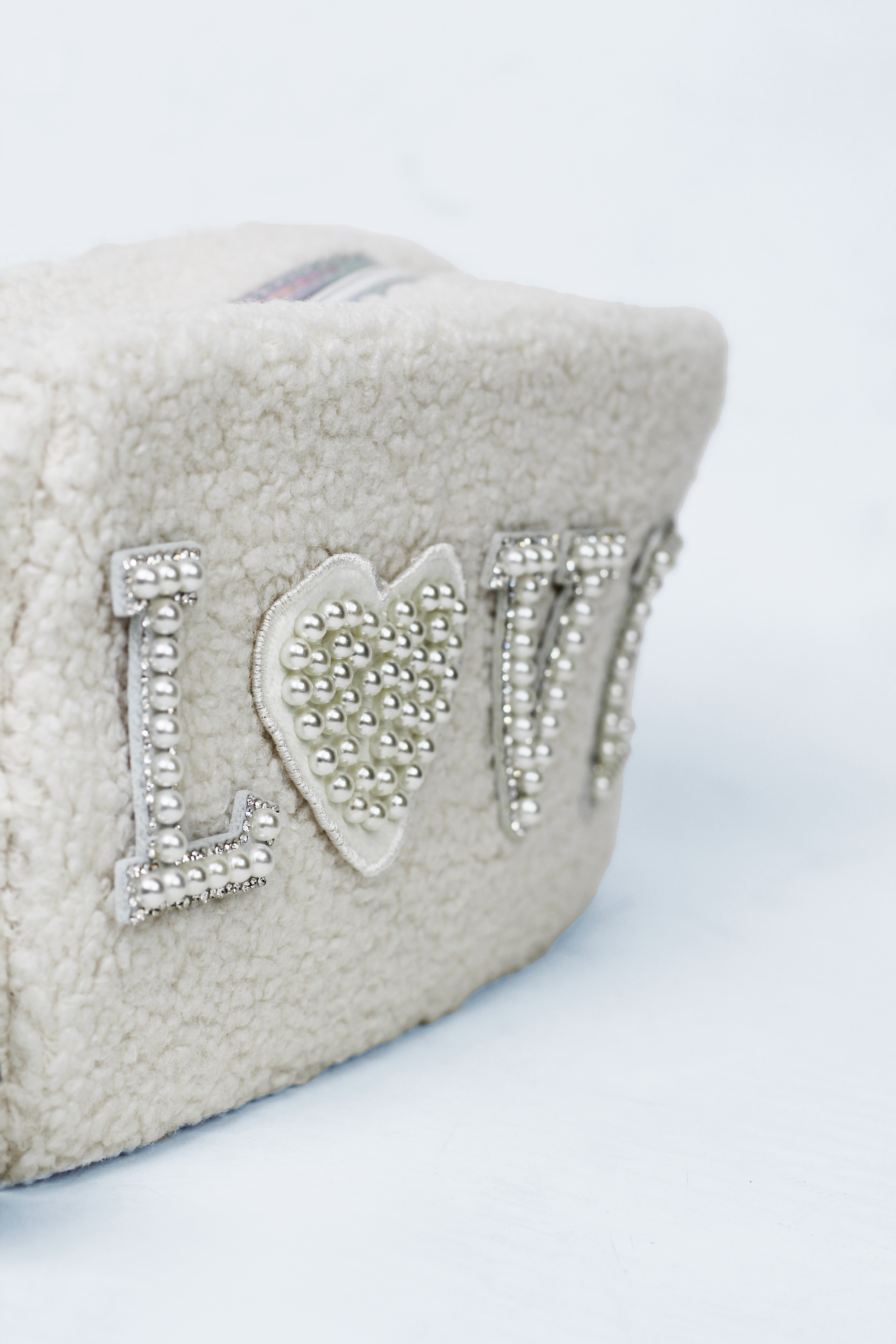 Rhinestone & Pearl Love Heart Furry Pouch
