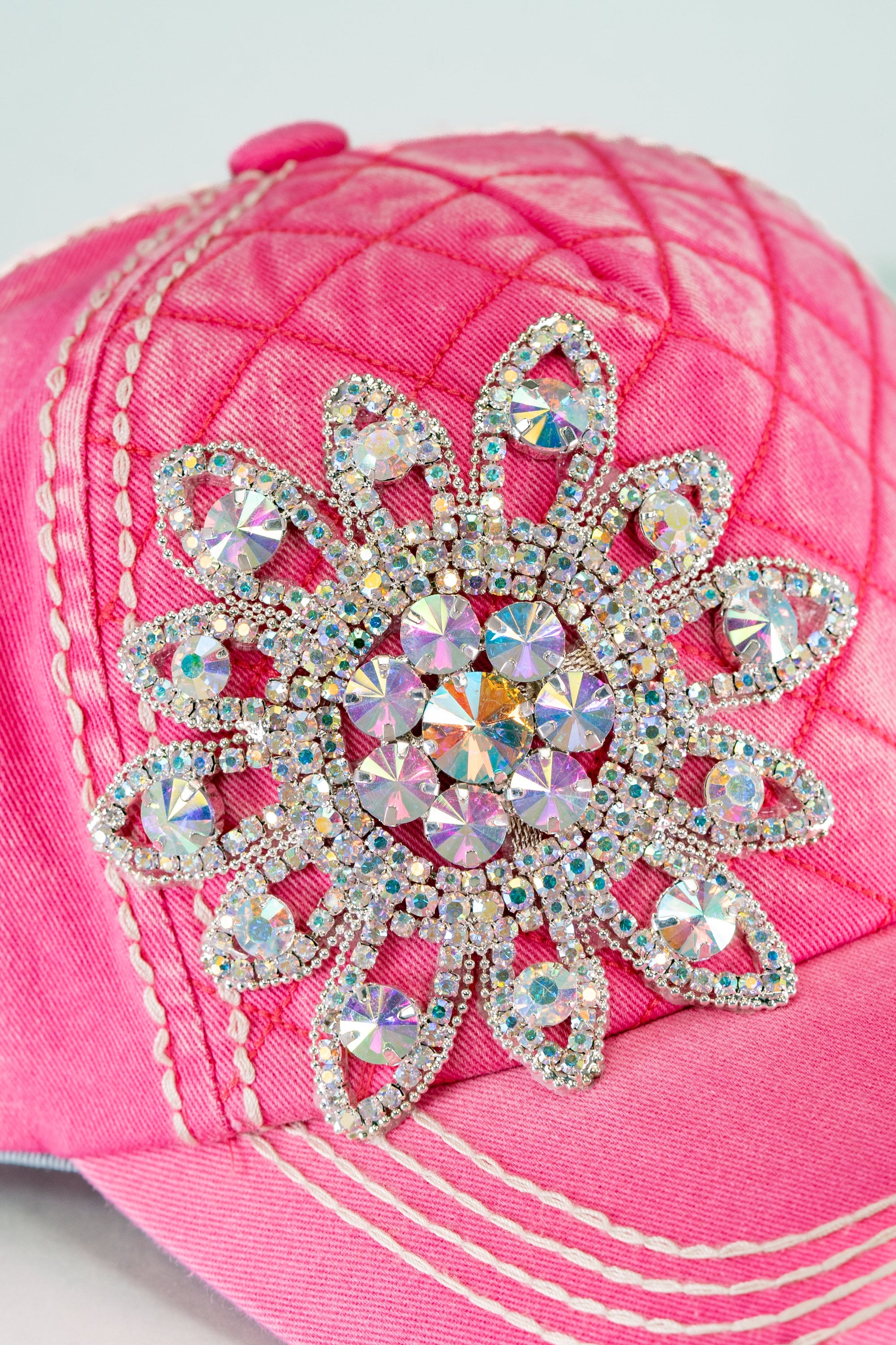 AB Rhinestone Flower Quilted Baseball Hat