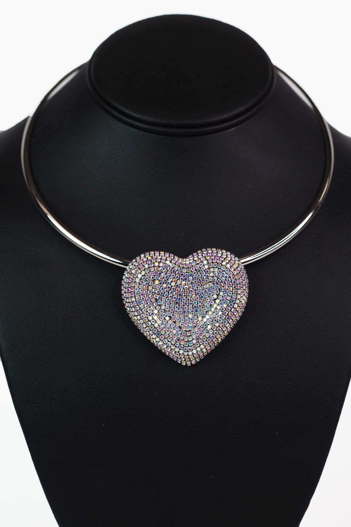 Large Rhinestone Indent Heart Metal Collar Necklace