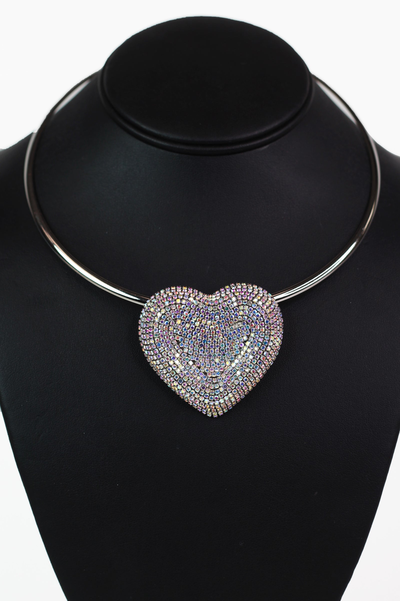 Large Rhinestone Indent Heart Metal Collar Necklace