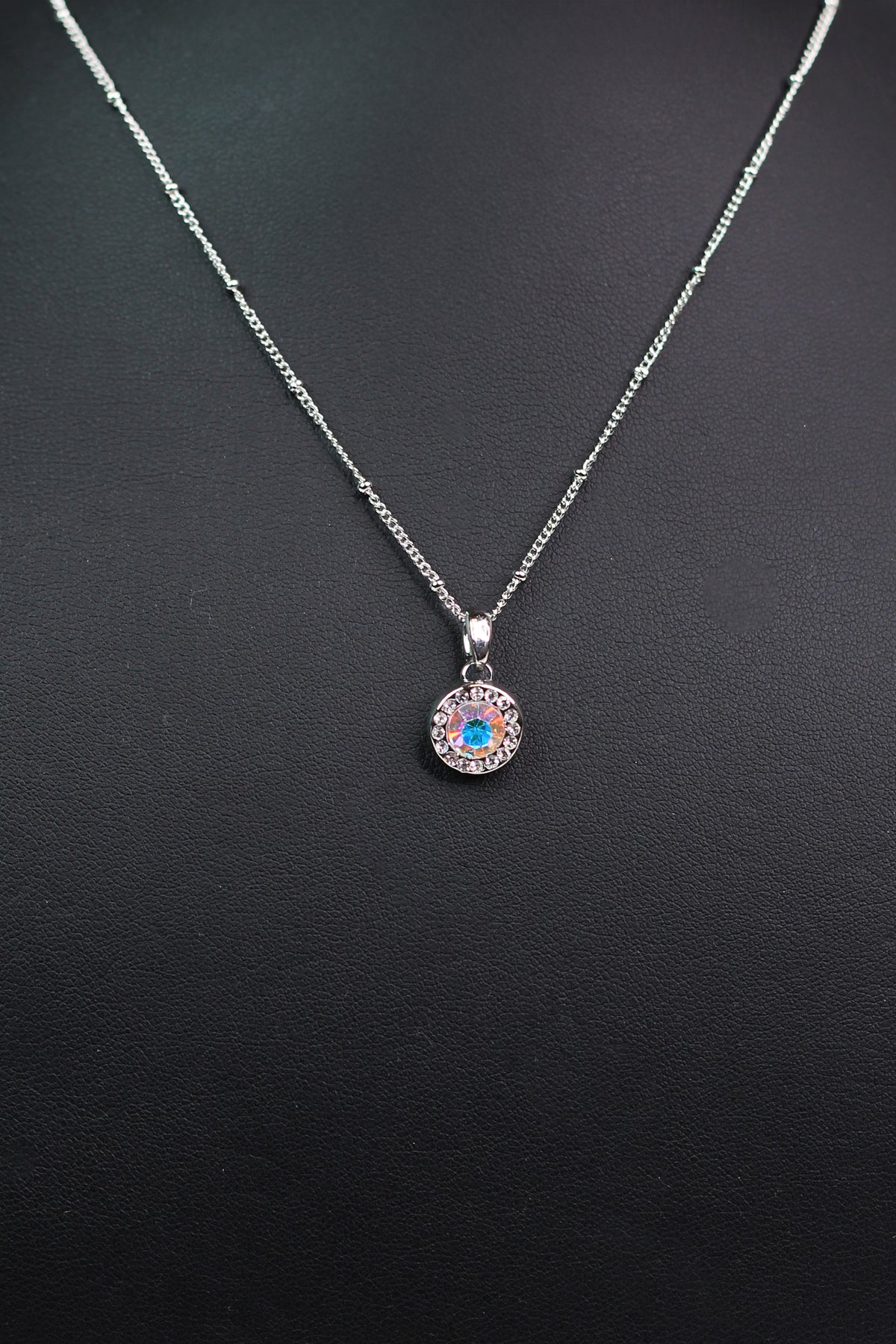 Silver Beaded Necklace w/ Circular Center Stone