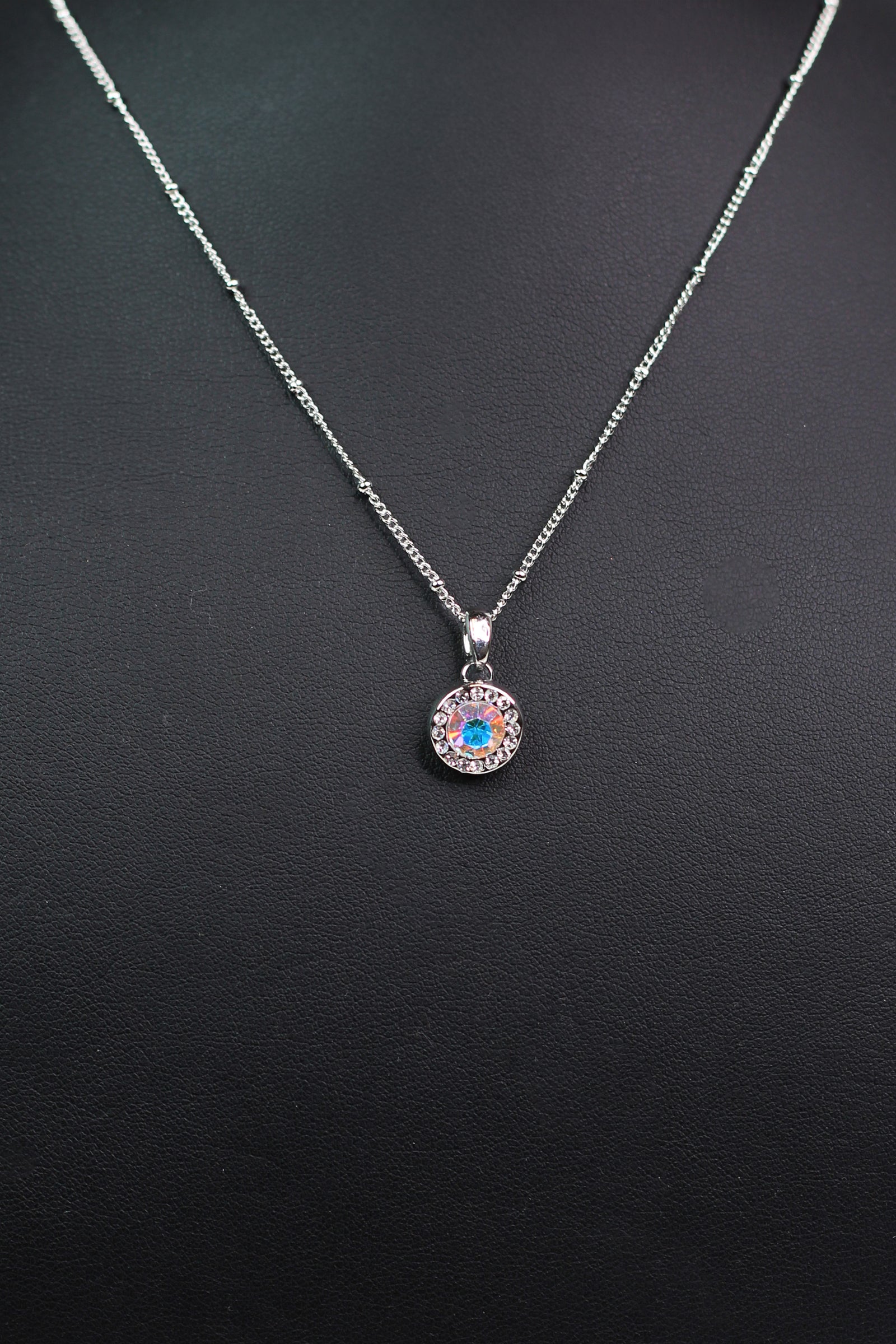 Silver Beaded Necklace w/ Circular Center Stone