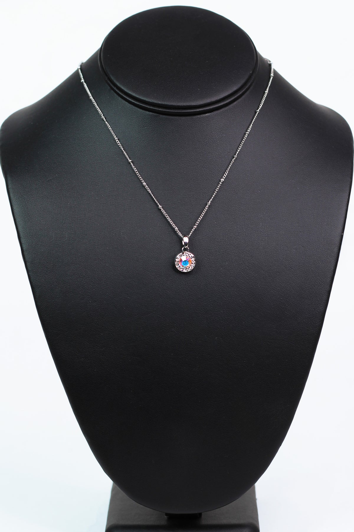 Silver Beaded Necklace w/ Circular Center Stone