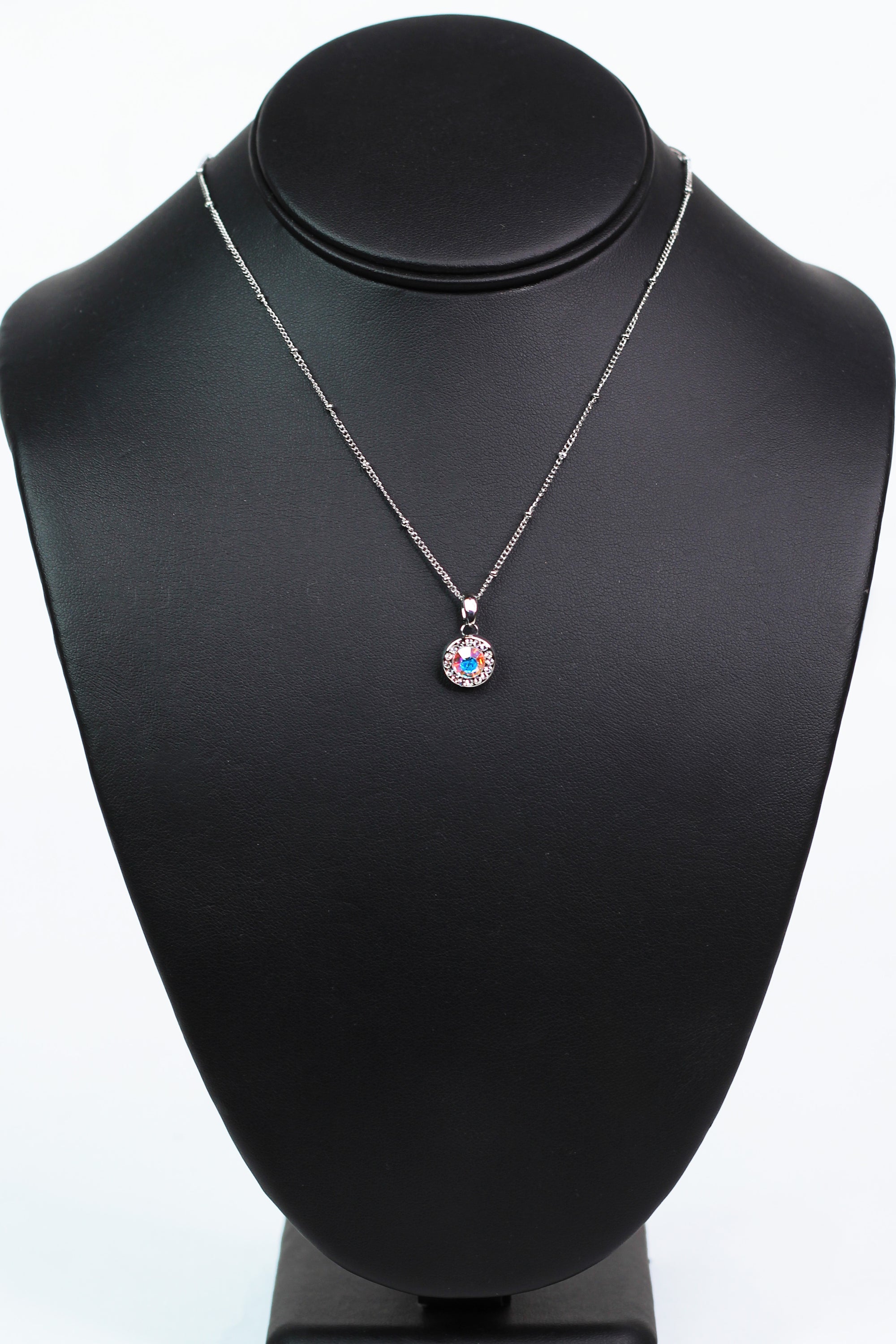 Silver Beaded Necklace w/ Circular Center Stone