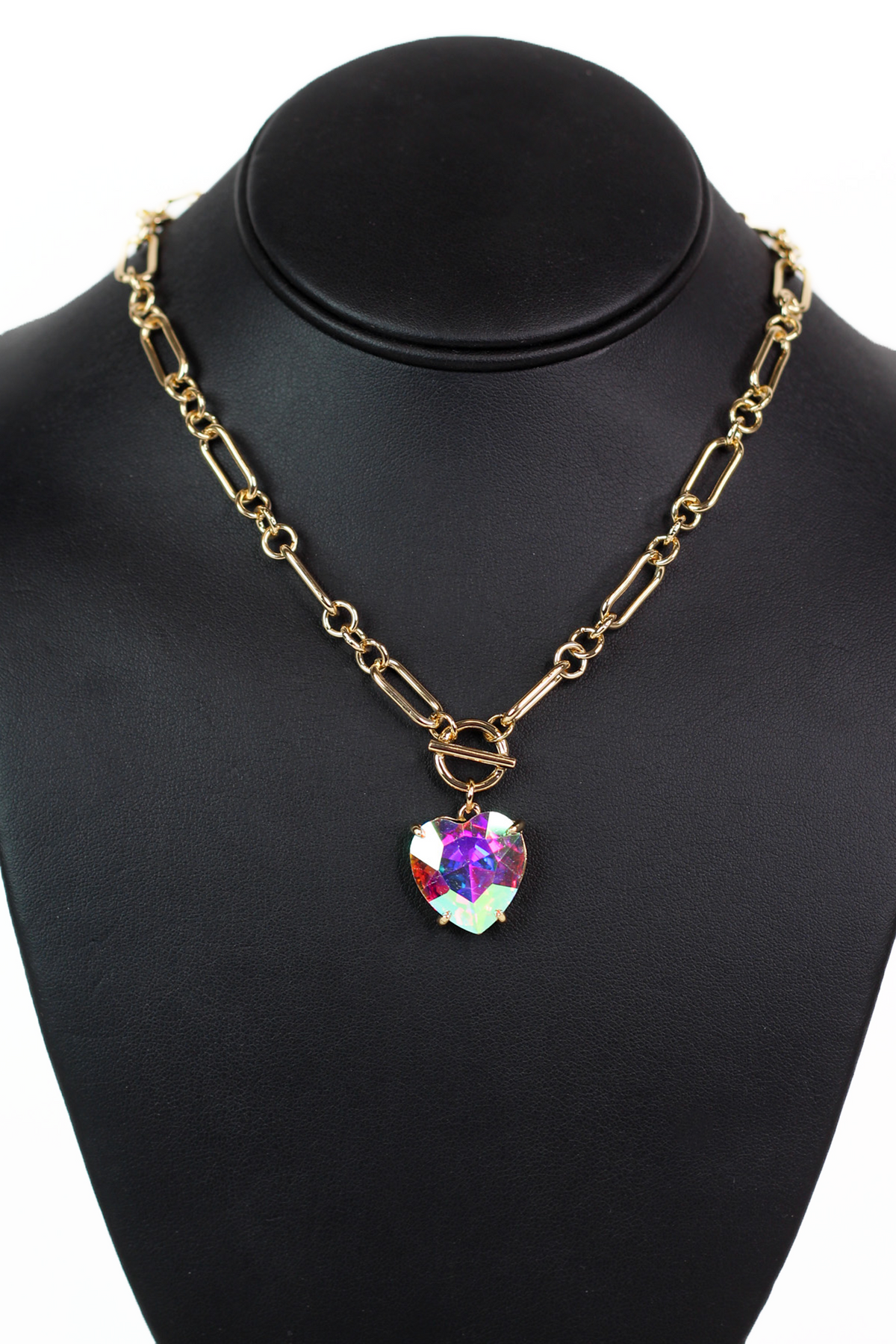 Chain Link Necklace w/ Large Rhinestone Heart Center