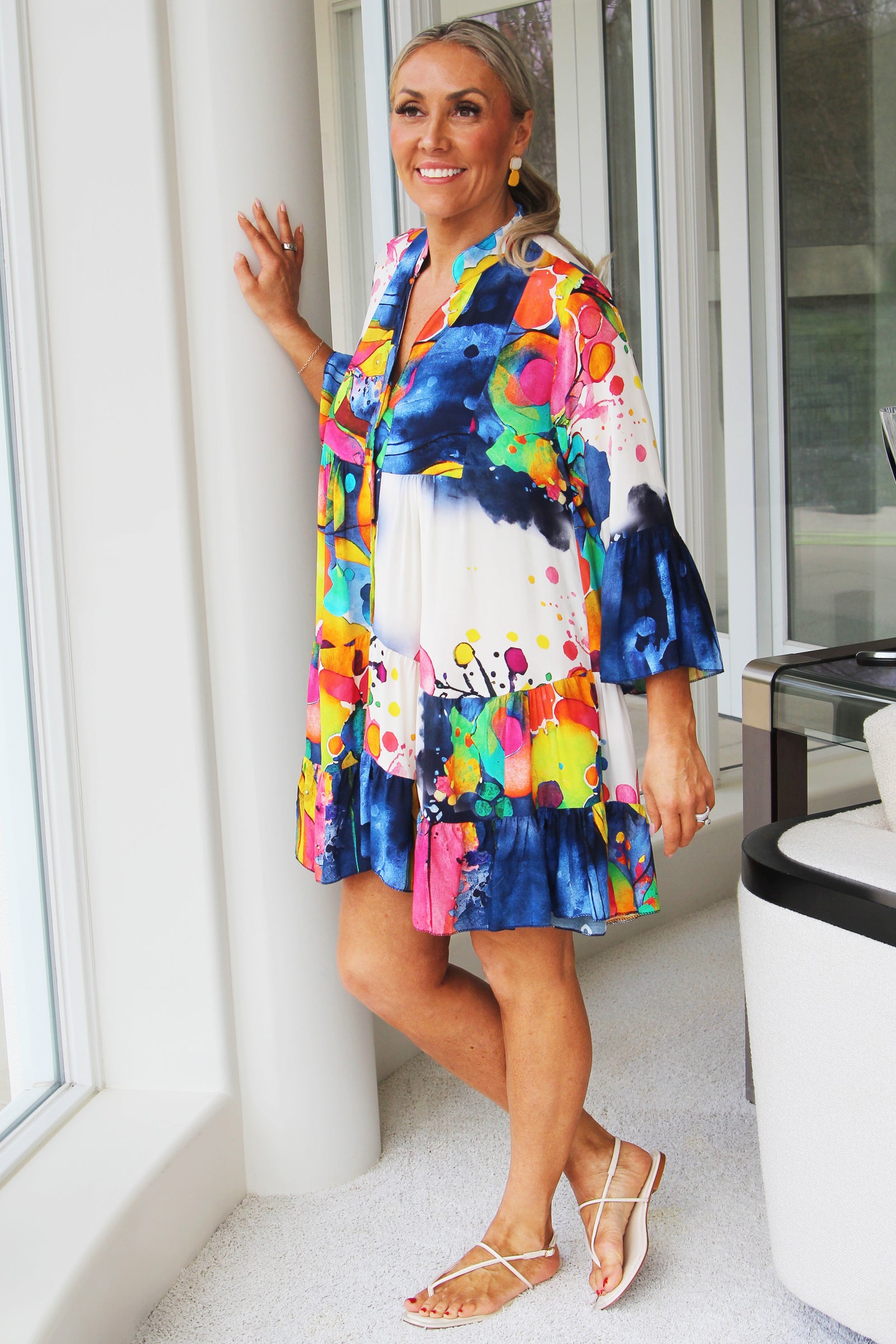 Abstract Print V-Neck Babydoll Dress