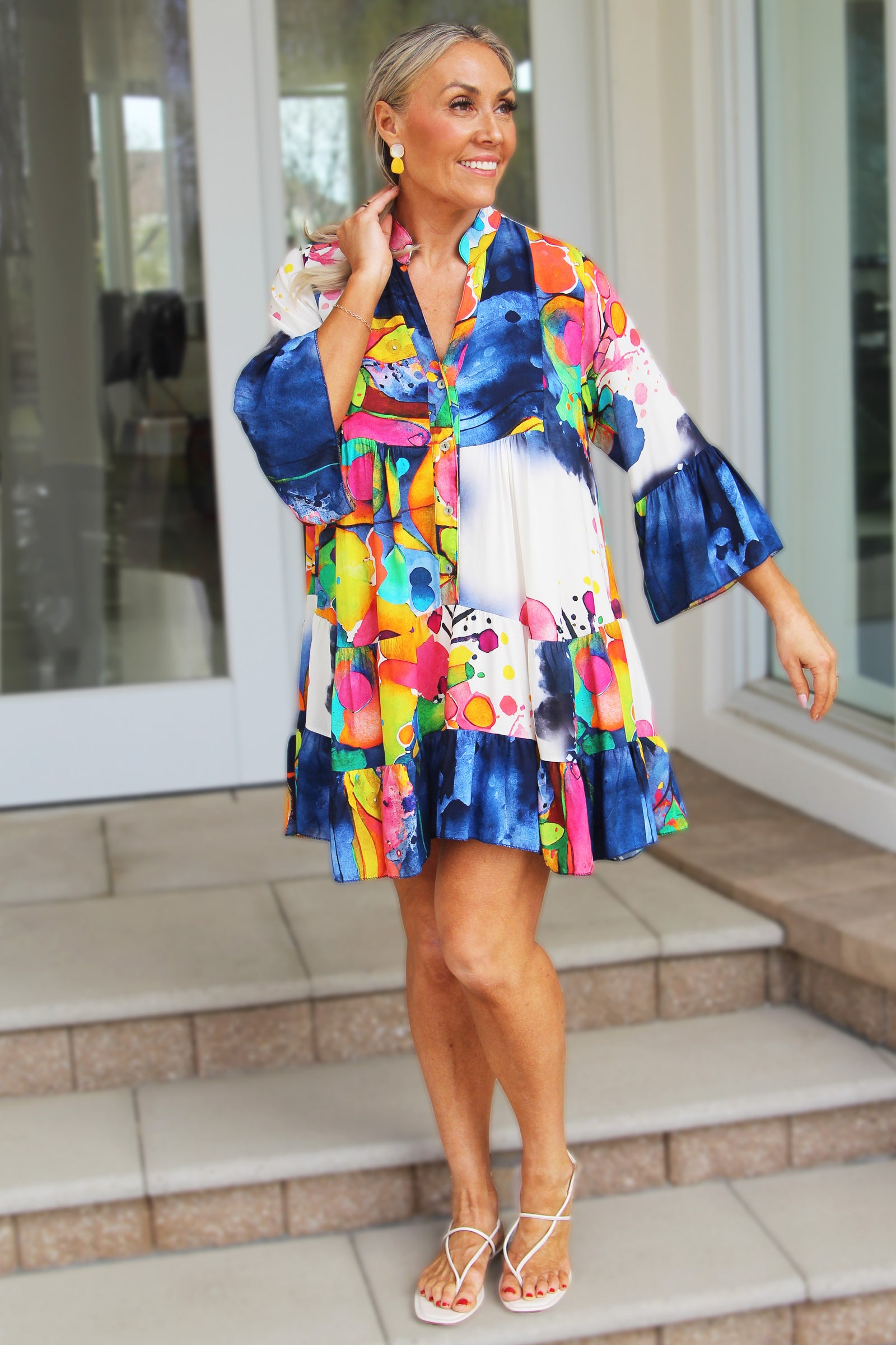 Abstract Print V-Neck Babydoll Dress