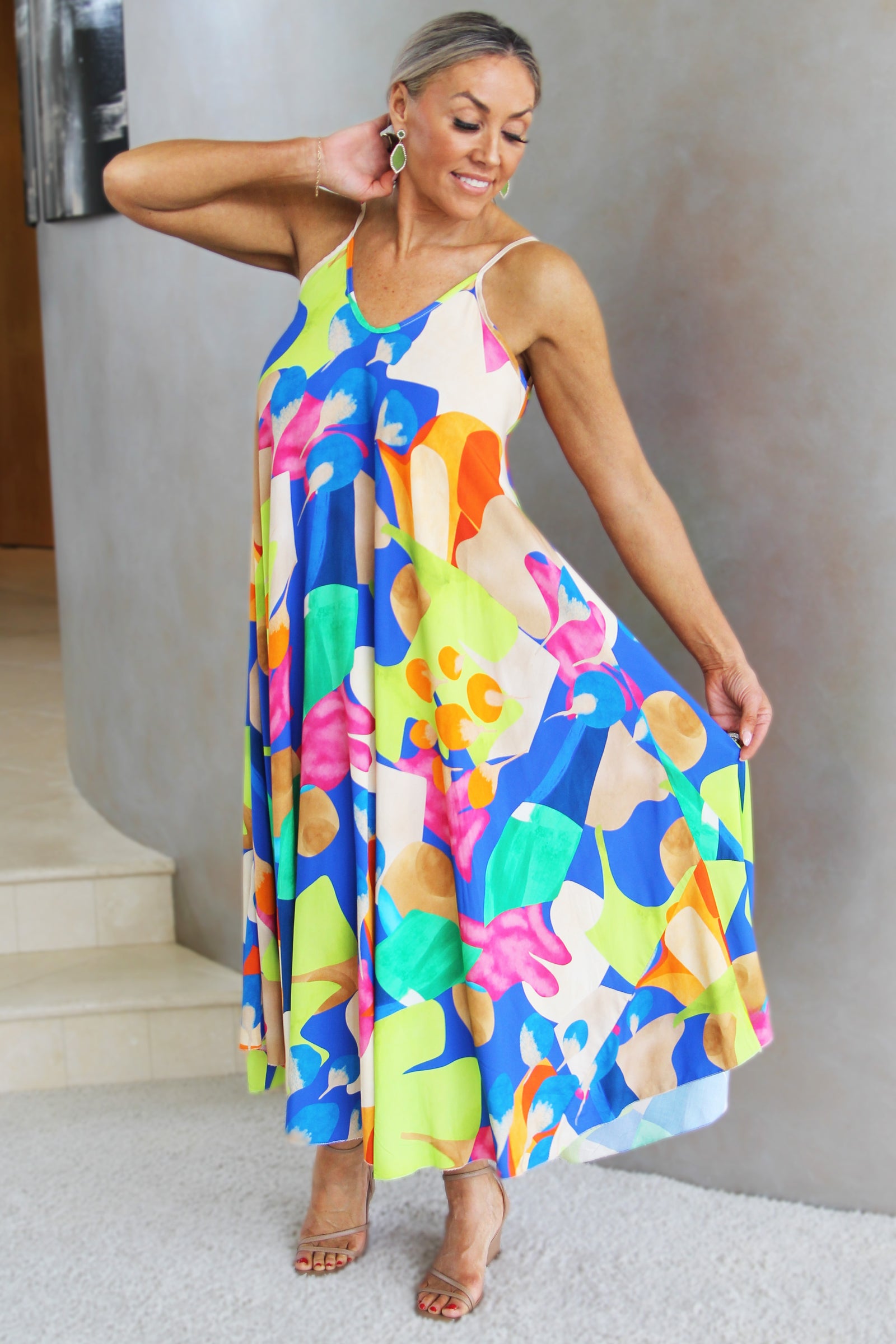 Abstract Print Spaghetti Strap Maxi Dress