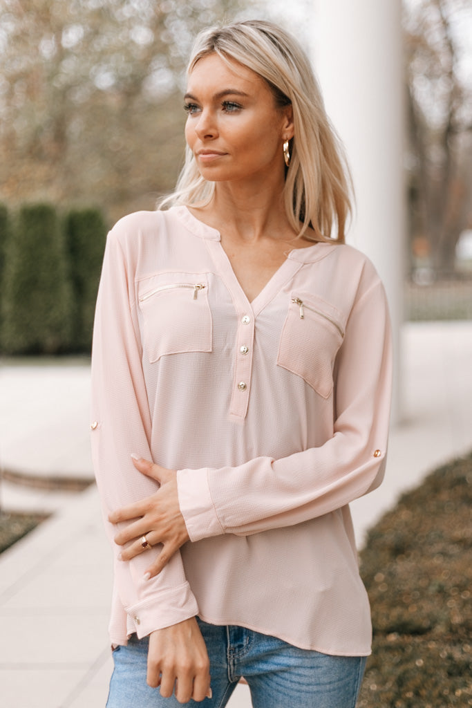 Zipper Detail Rolled Sleeve Henley Top (SALE)