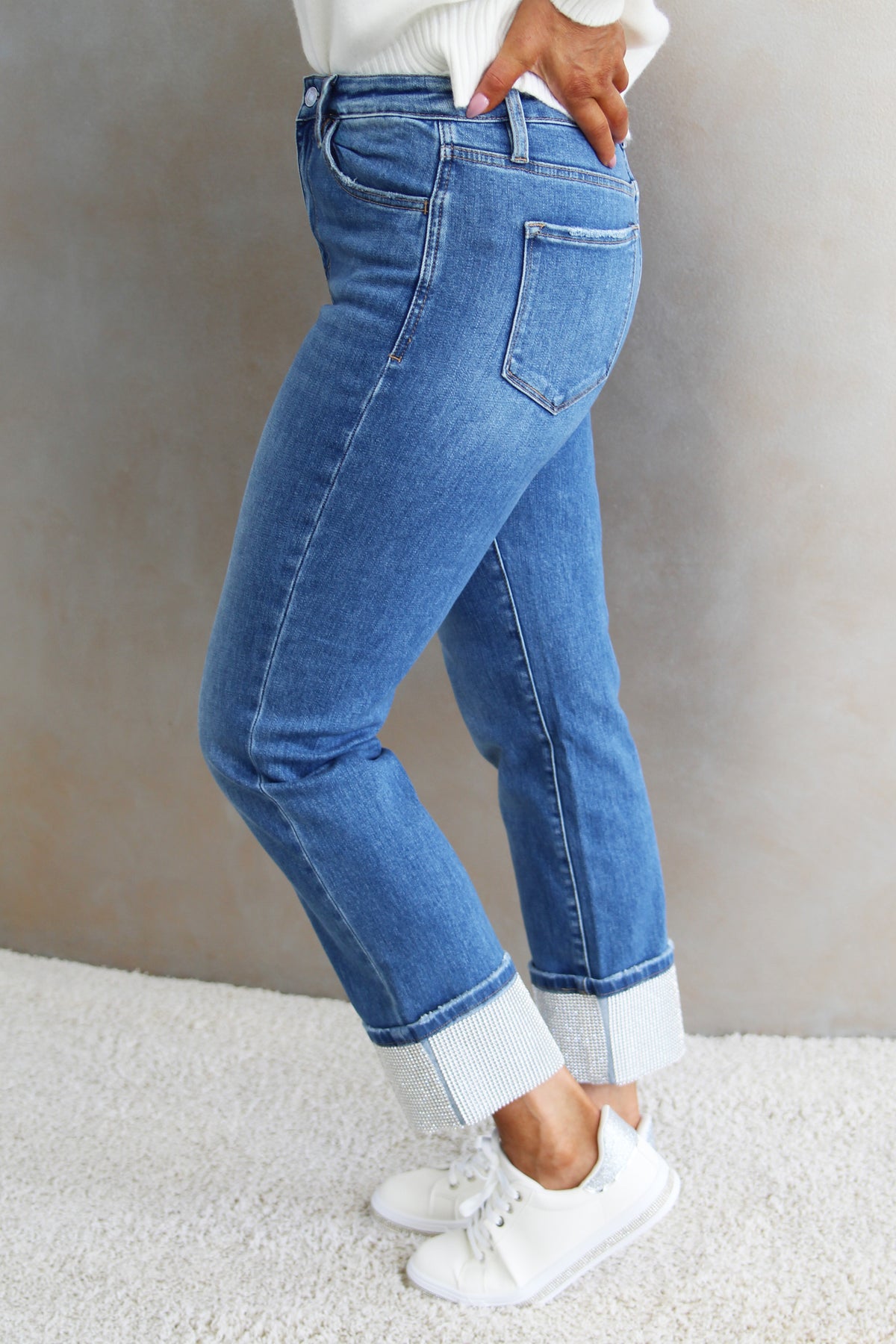 High Rise Slim Straight Leg Jeans w/ All Rhinestone Cuffs
